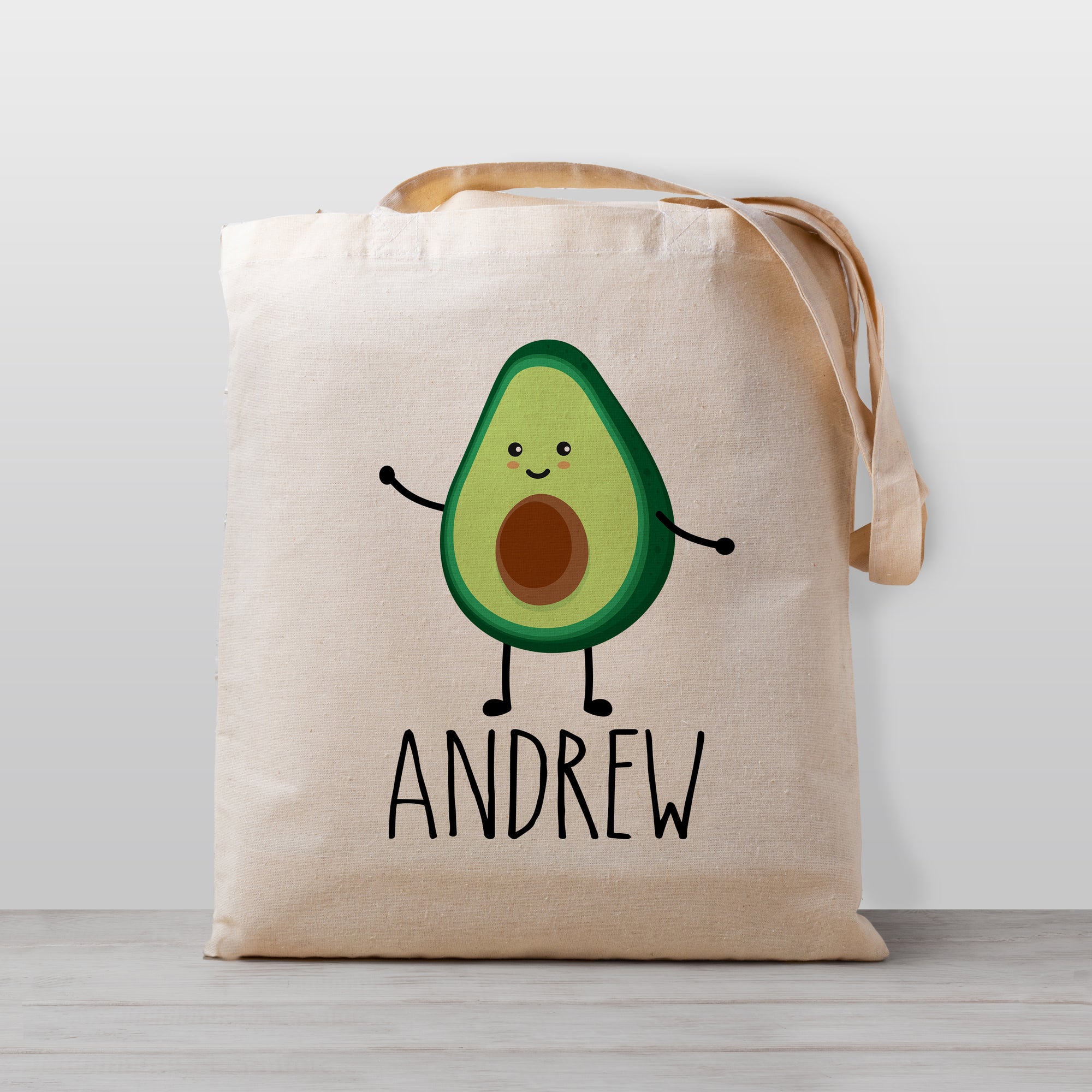 Cute Avocado Vegetable Breakfast tote bag, personalized with your child's name. 100% cotton canvas, great for daycare, preschool, kindergarten, or to use for library books