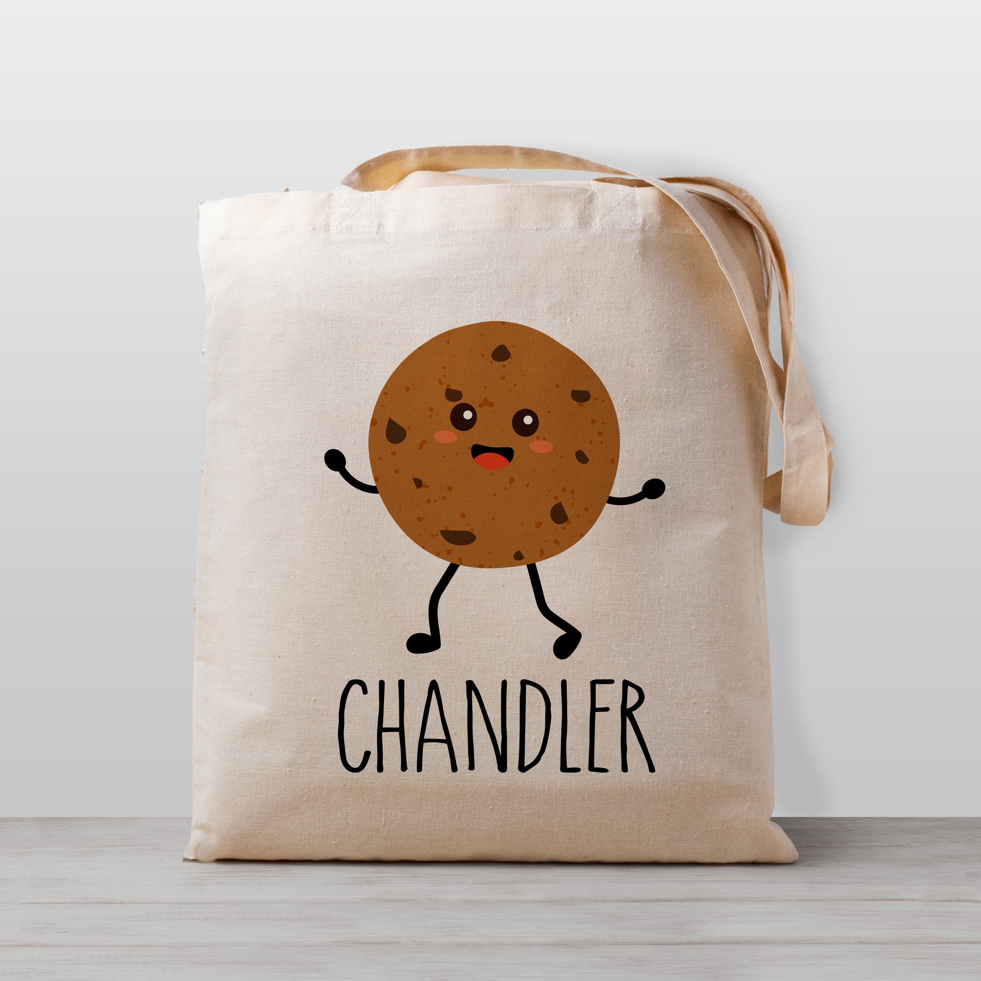 Cute chocolate chip cookie tote bag, personalized with your child's name. 100% cotton canvas, great for daycare, preschool, kindergarten, or to use for library books