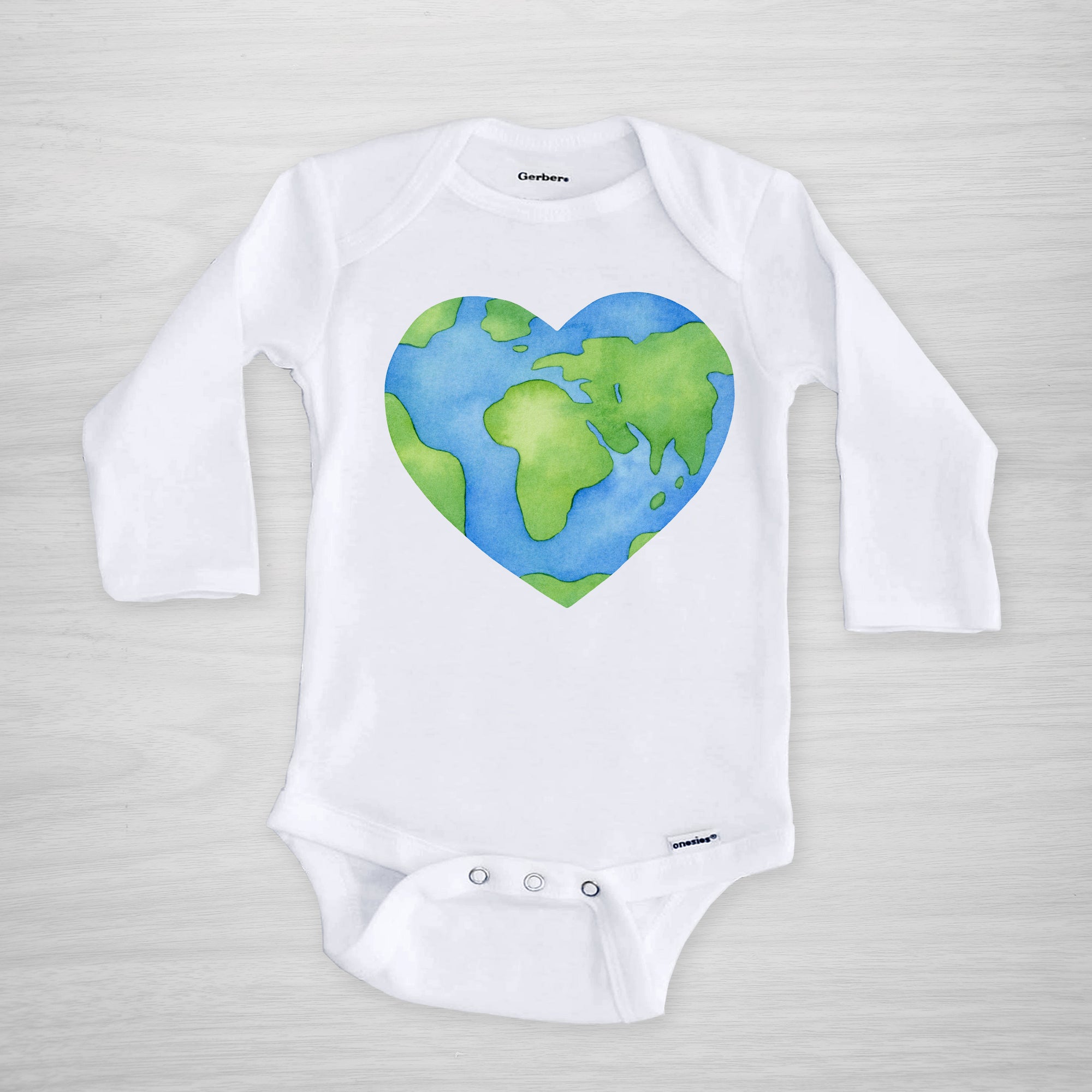 Earth Day Onesie, Long Sleeved, Watercolor planet earth in a heart, Gerber Onesie, Eco-safe inks