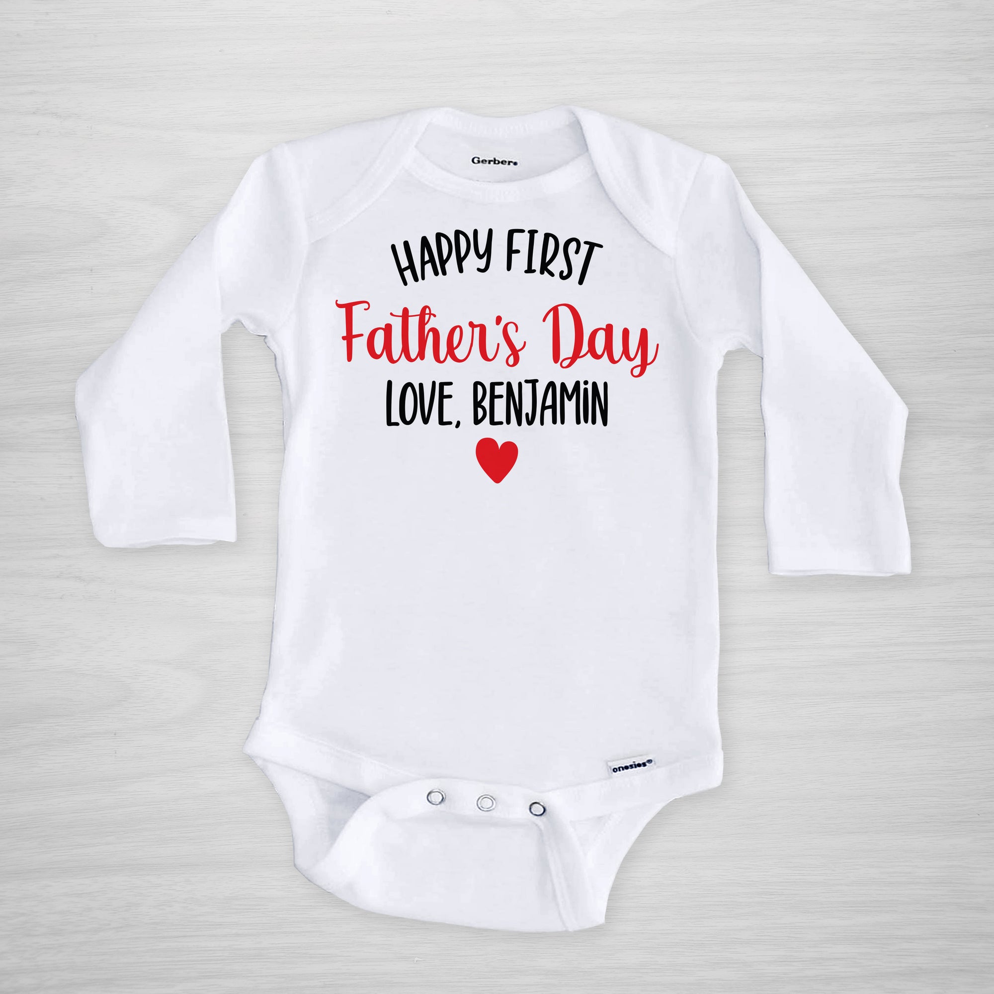 Happy first father's day onesie, personalized with the baby's name, short sleeved