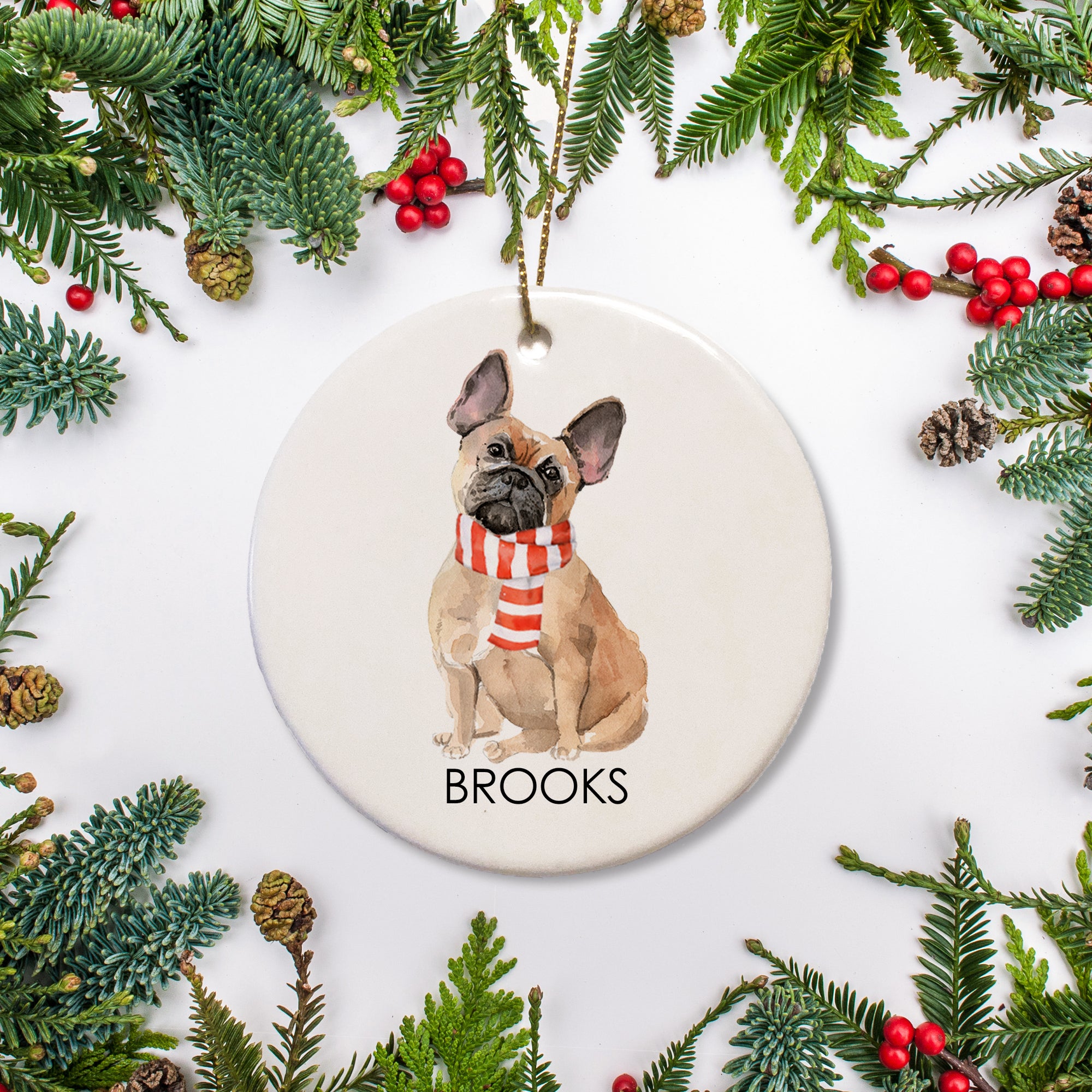 Personalized French Bulldog Christmas ornament, personalized with your dog's name, ceramic, tan fawn colored