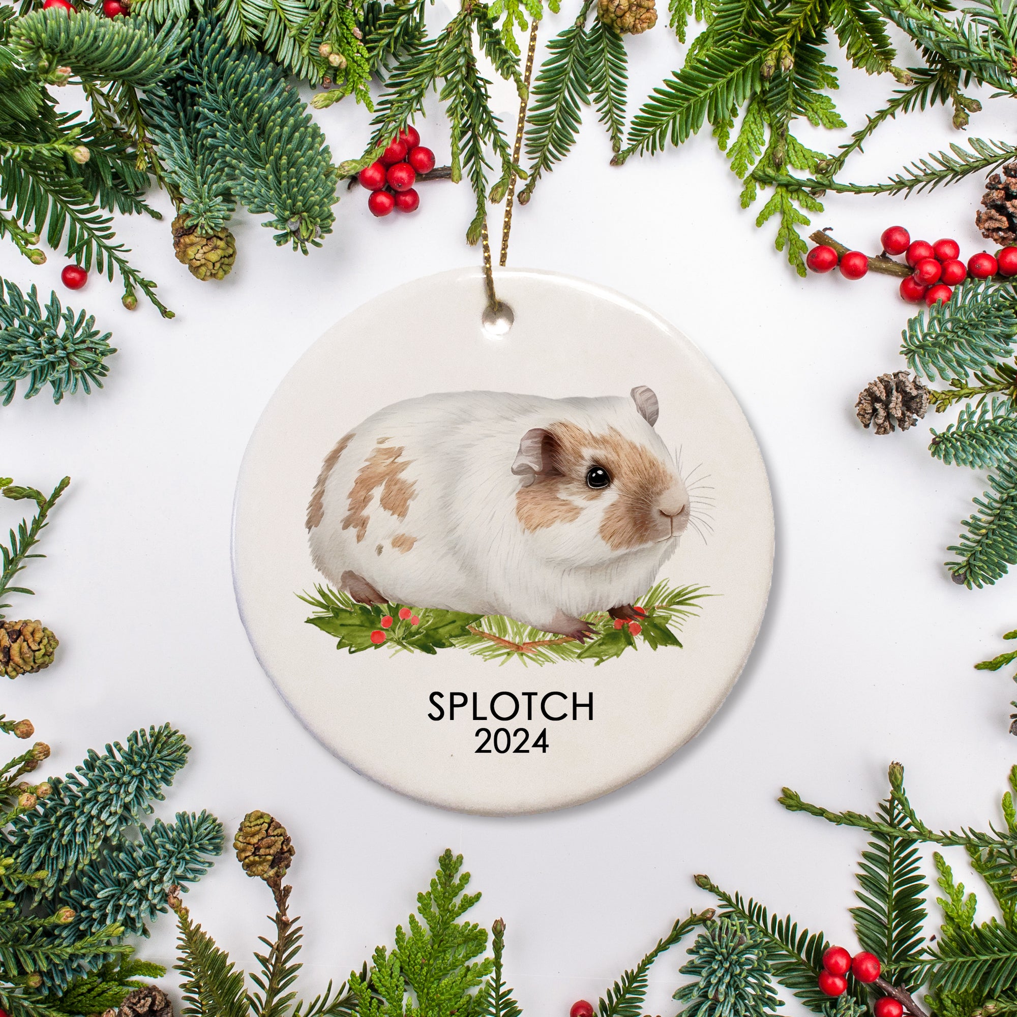 A special ornament for a special guinea pig. This is ceramic and includes a name and date for a beige and white guinea pig