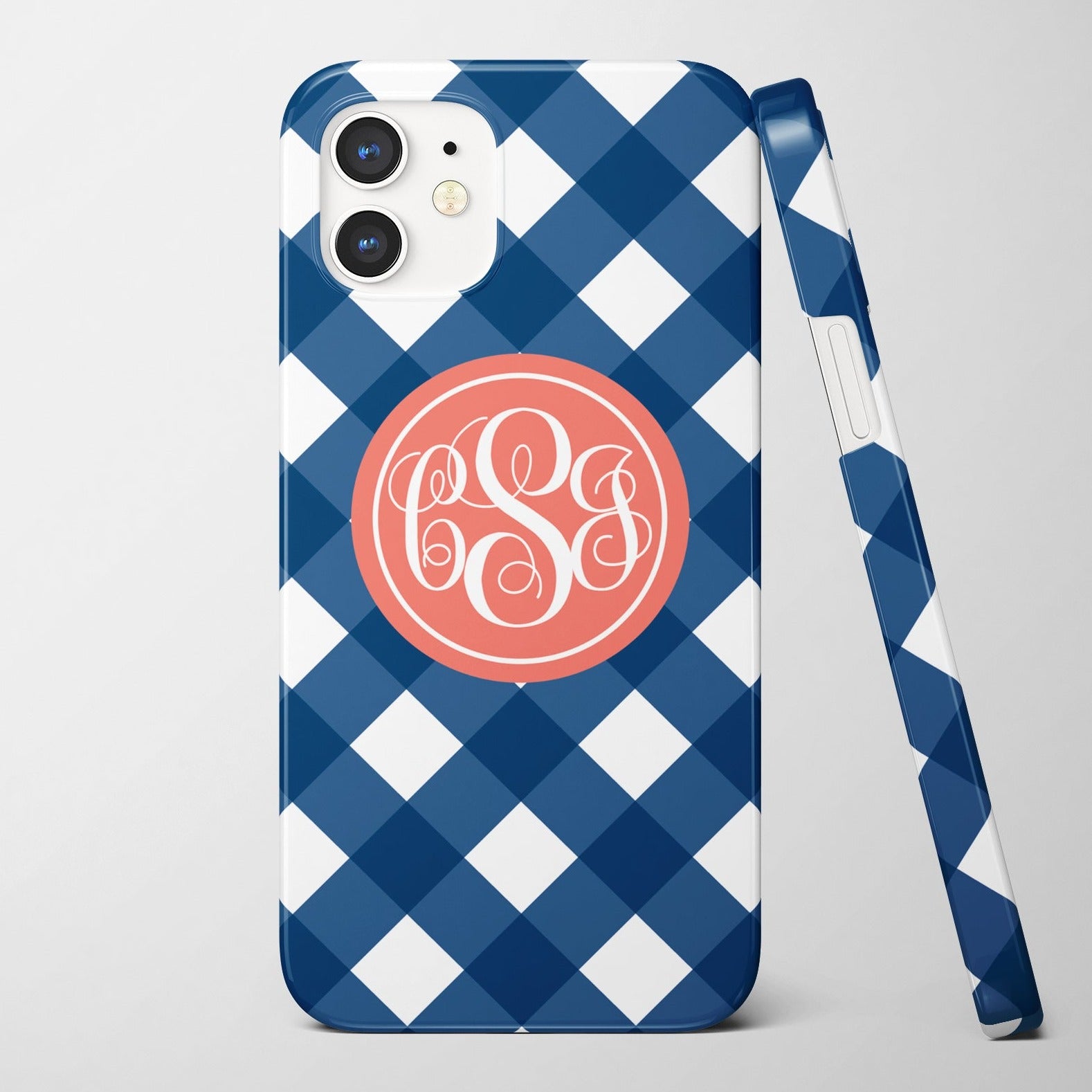 Personalized monogram iphone case with a gingham background