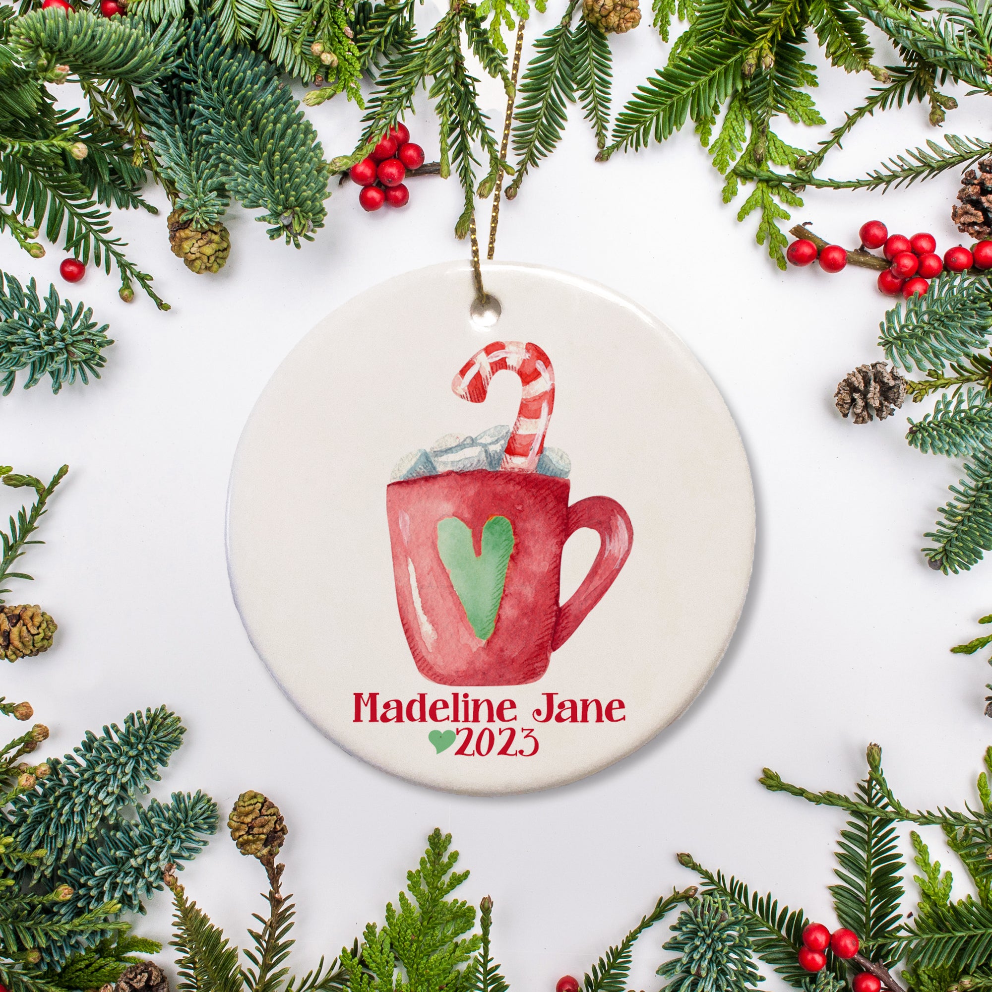 Hot Chocolate Christmas Ornament, personalized with the name and year, free gift box
