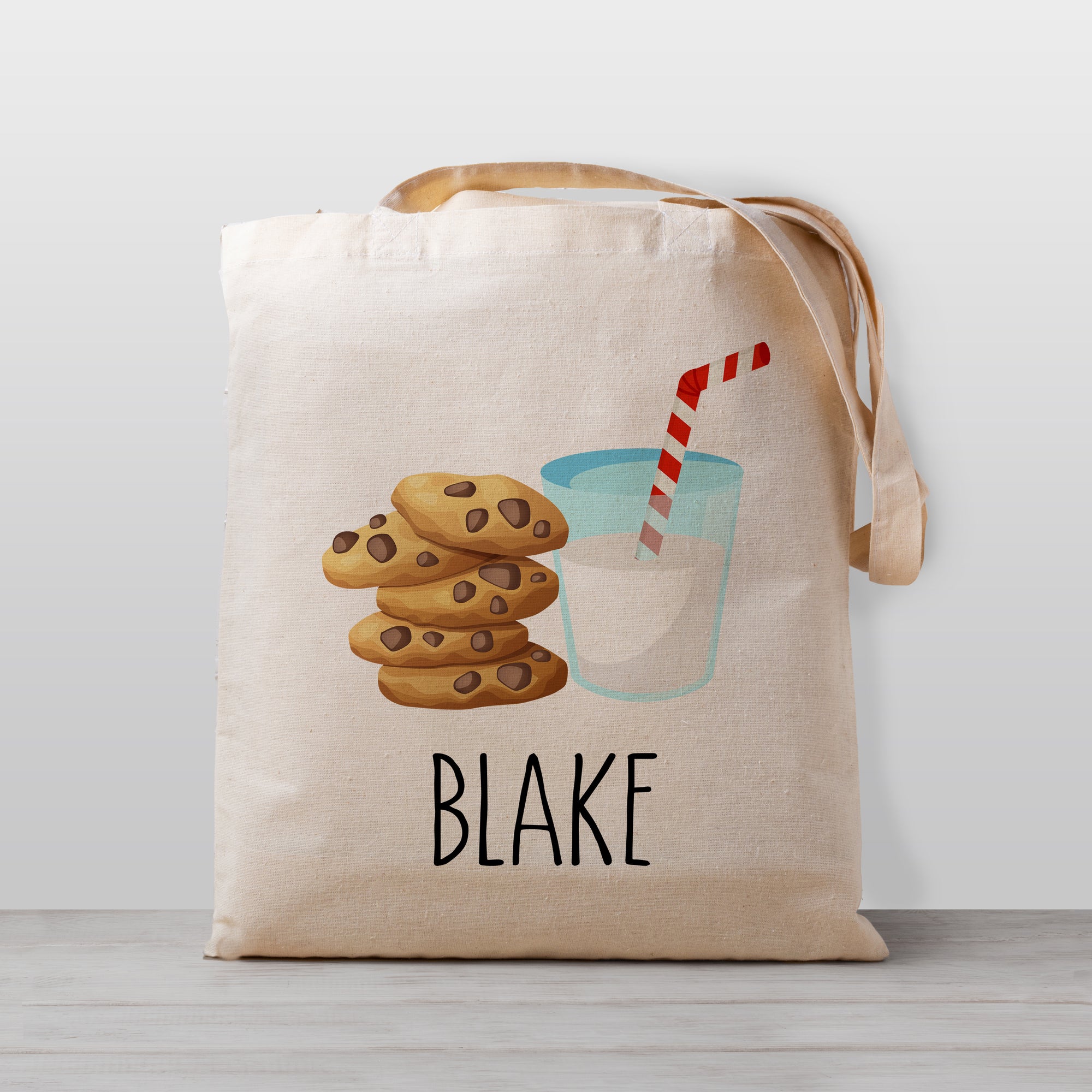 Cute Milk and Cookies tote bag, personalized with your child's name. 100% cotton canvas, great for daycare, preschool, kindergarten, or to use for library books