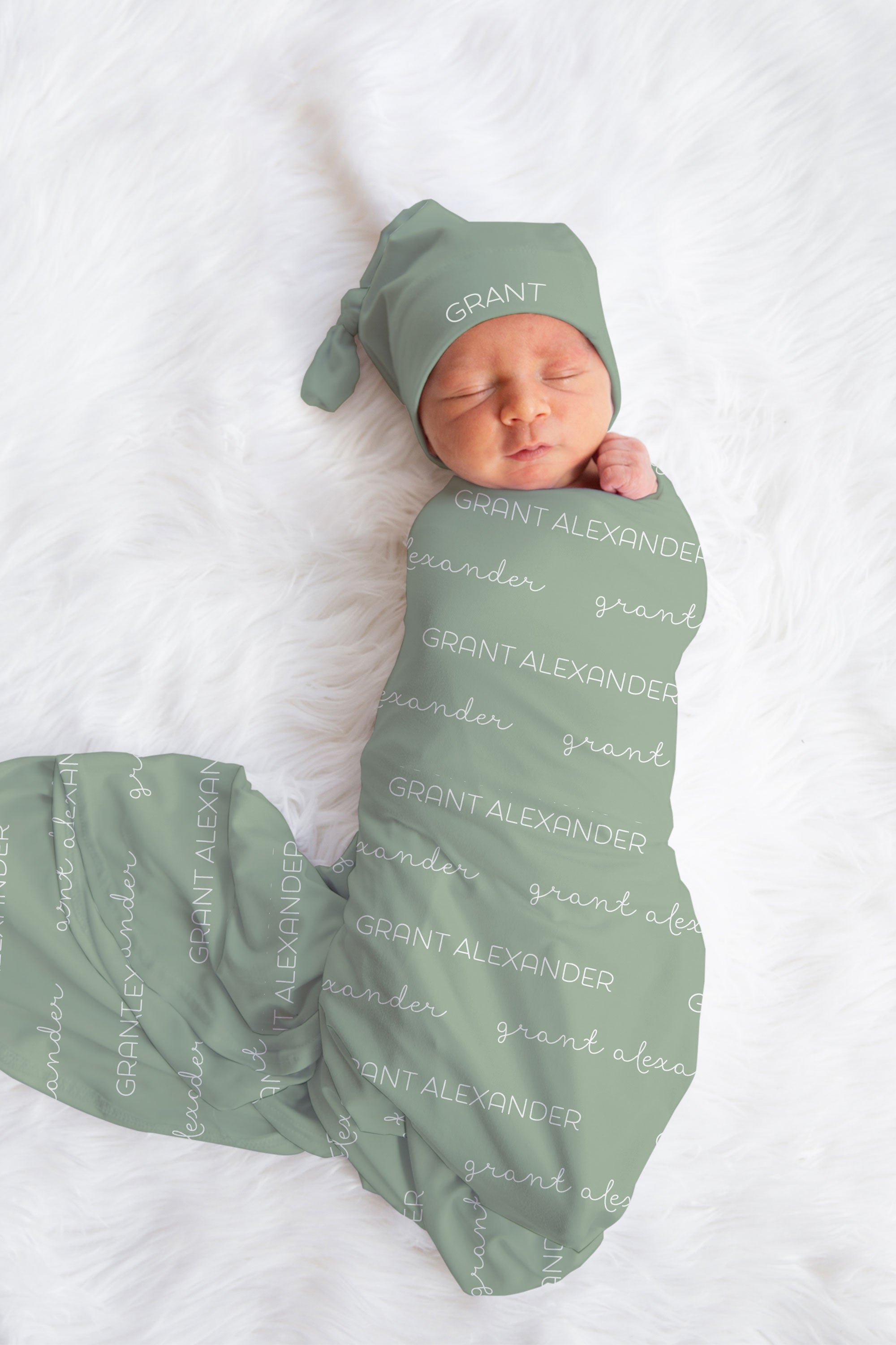Baby name swaddle blanket set with hat and headband options, super soft stretchy jersey knit fabric
