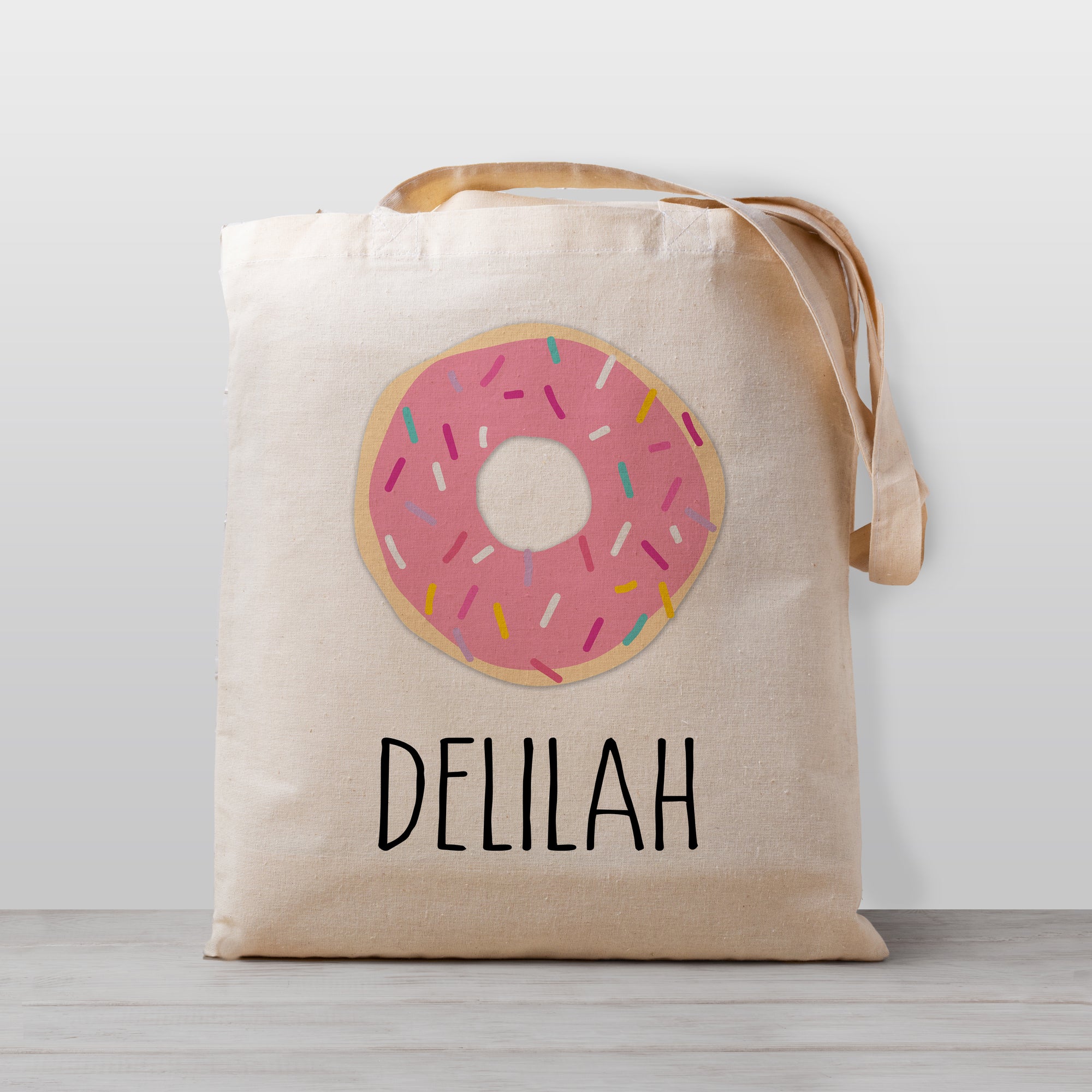 Pink Donut Personalized Tote Bag, topped with sprinkles. great for preschool, kindergarten, or mother's day out