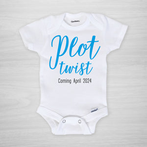 Plot twist onesie to announce the arrival of a baby boy, with the month due date, great for posting on social media as a pregnancy announcement, short sleeved