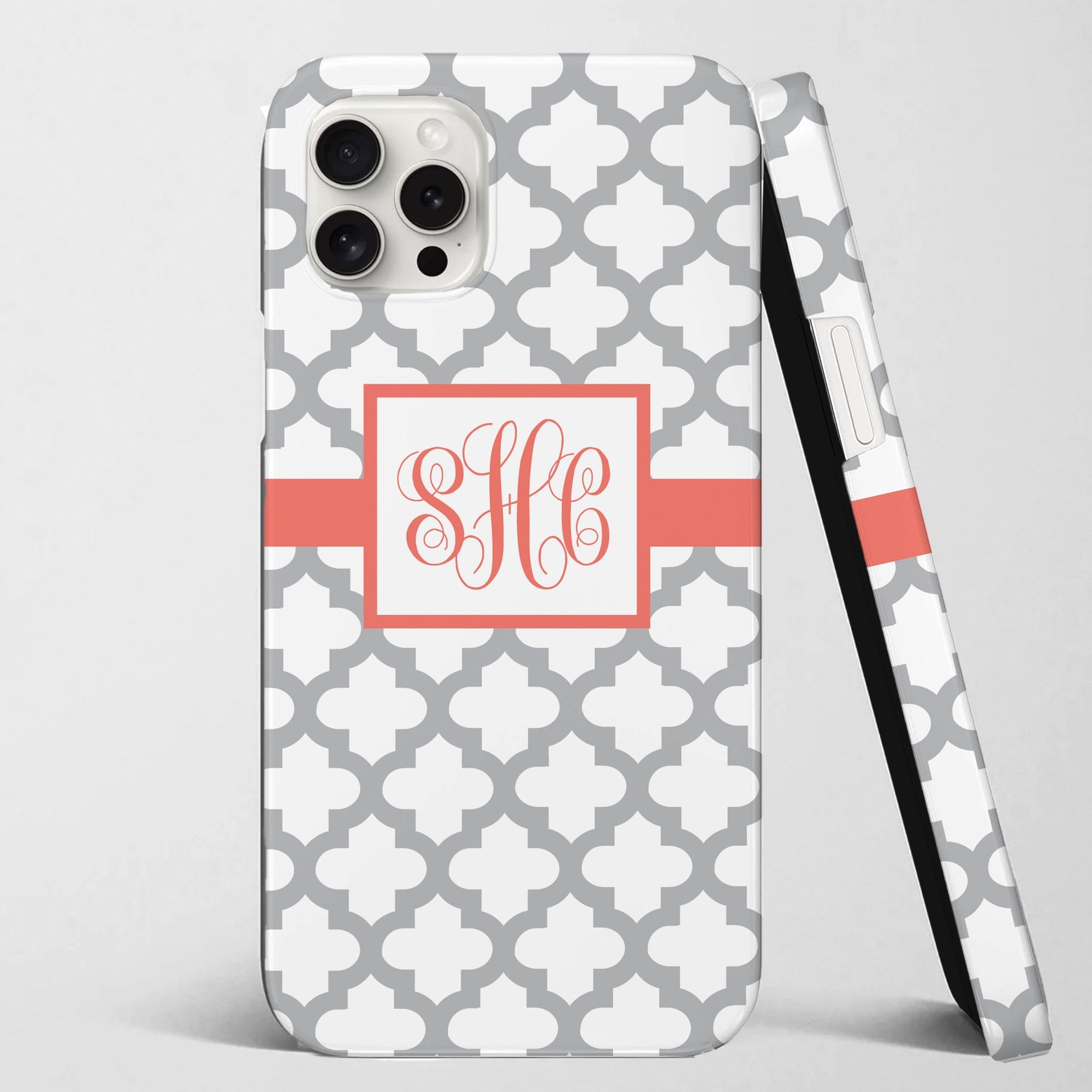 Monogrammed iPhone case with a classic quatrefoil pattern, choose your colors and font