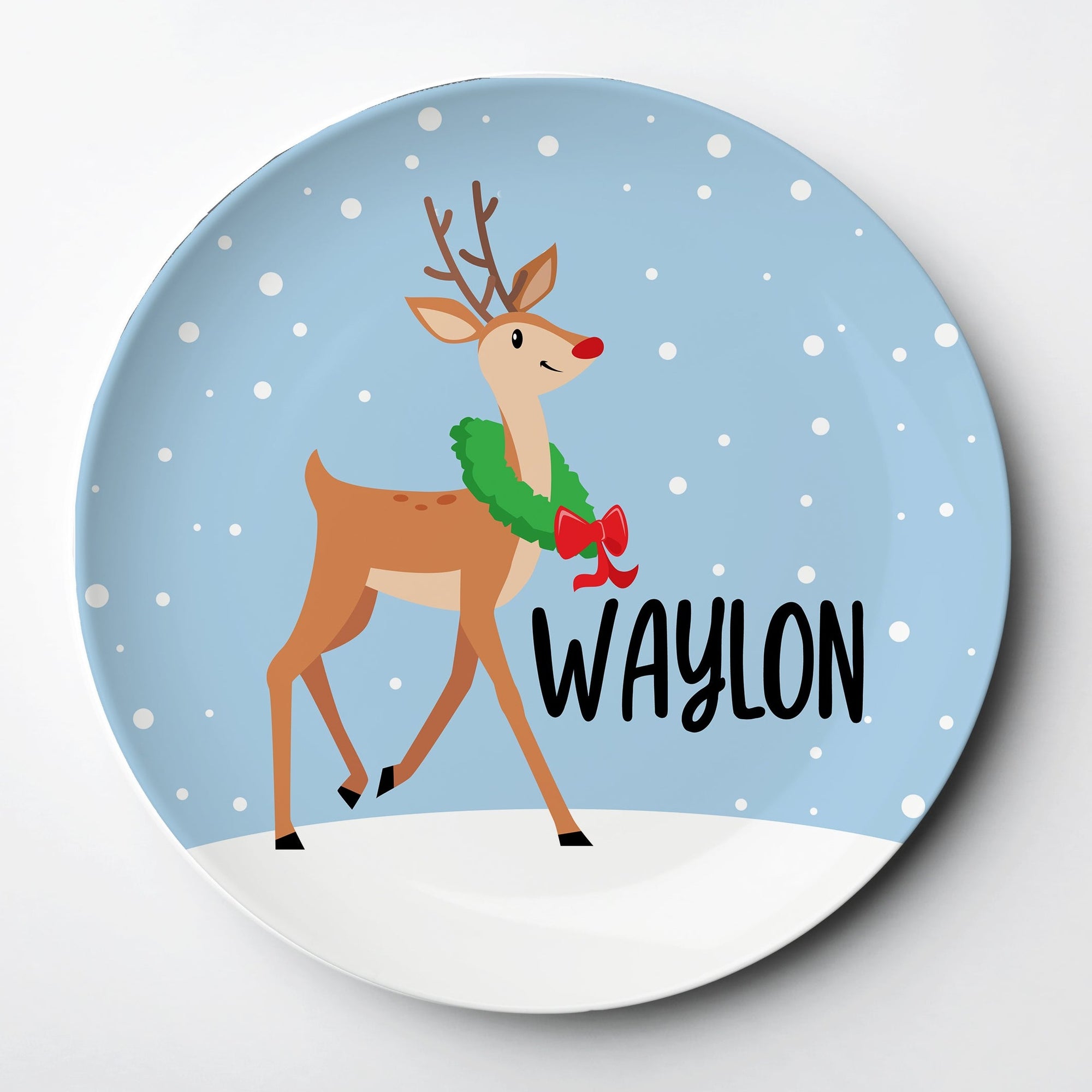 Reindeer Christmas Plate - Personalized with your child's name. Made of thick polymer plastic that will last for years. Dishwasher and microwave safe