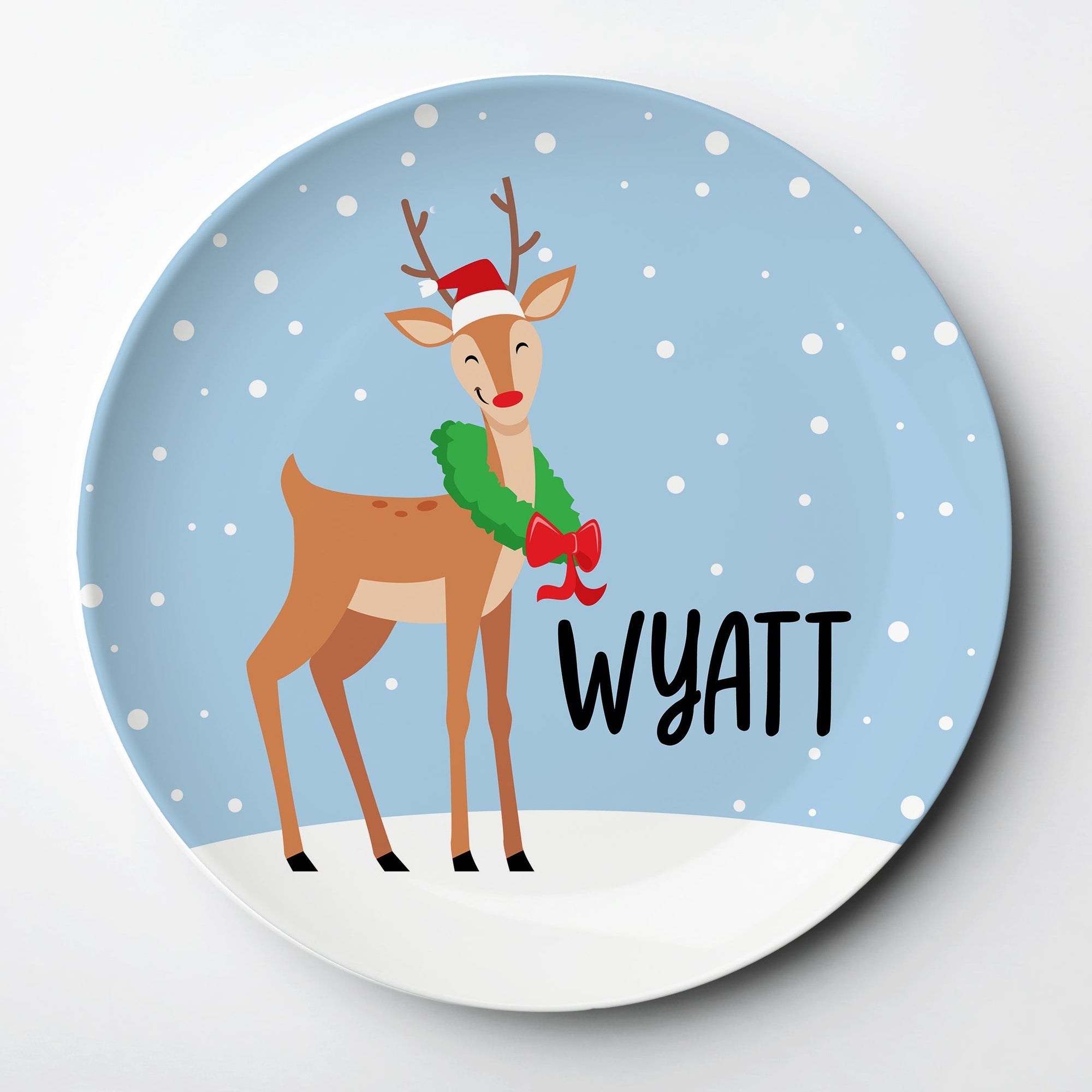 Reindeer Christmas Plate, personalized with your kid's name. Made of thick plastic, it is FDA approved. Free from melamine and BPA and all of the bad stuff. Safe for use in the dishwasher or microwave