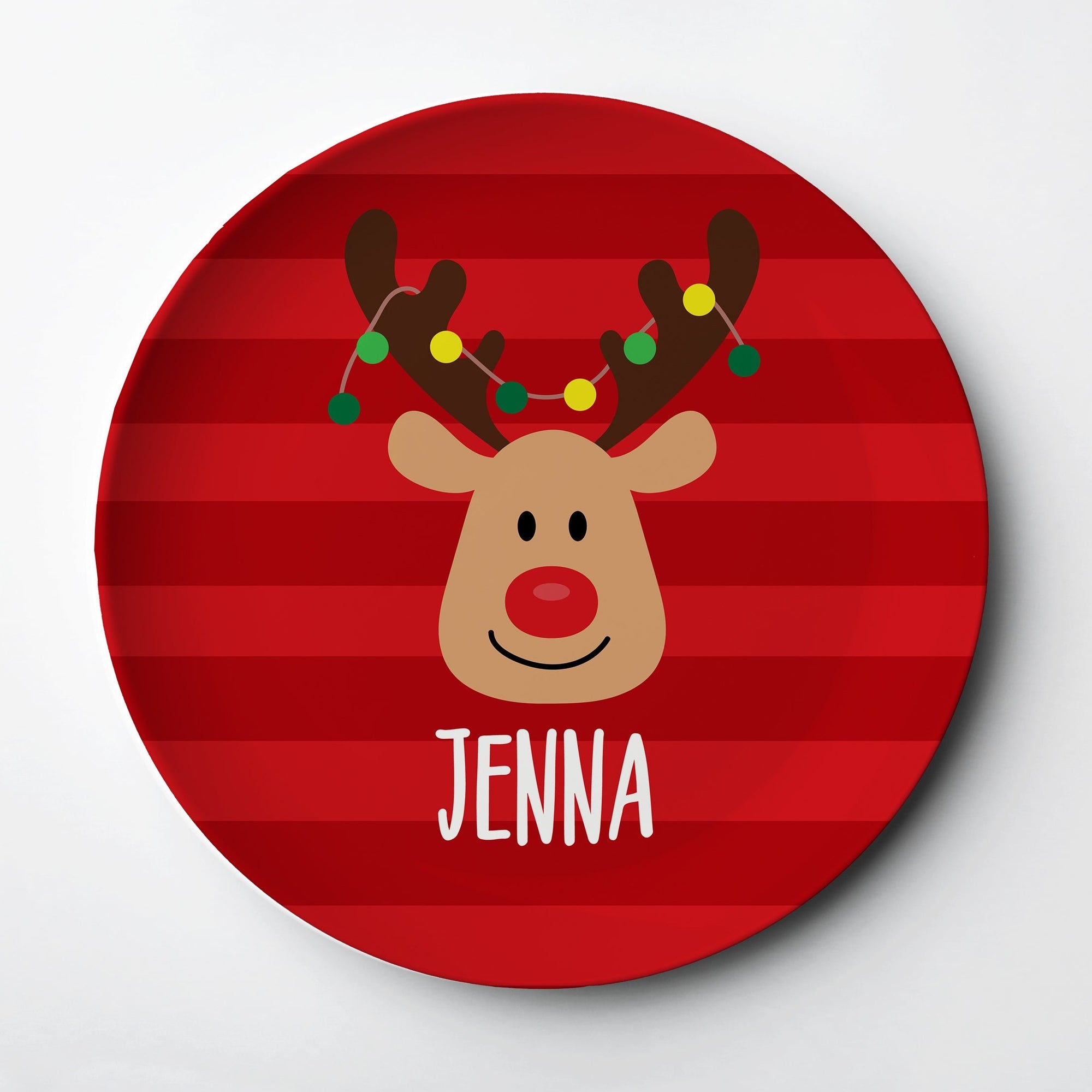 Reindeer with Christmas Lights Personalized Plate. Thick polymer plate that will last for years. Dishwasher and microwave safe. FDA approved for food use