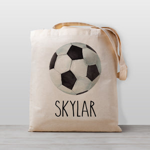 A soccer tote bag, Personalized with your child's name. Perfect for carrying your little one's stuff to preschool, daycare, the library, or bringing favorite books over to Grandma's house. 