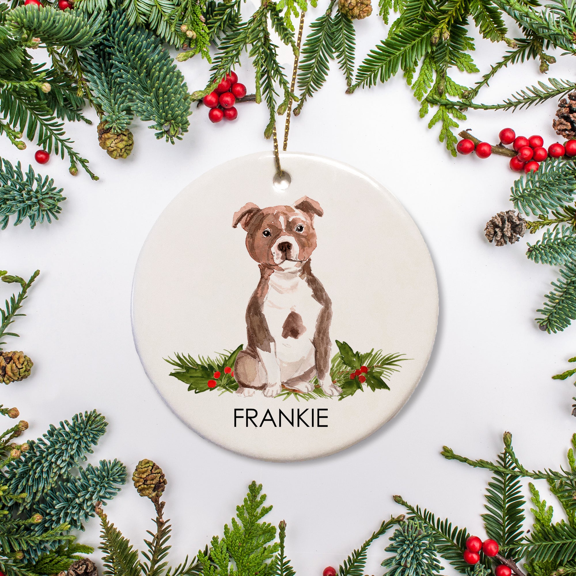 This Christmas, add a special touch to your tree with a personalized Staffordshire Bull Terrier ornament. Crafted from ceramic and customized with your dog's name, this ornament is perfect for celebrating your furry family member this holiday season.