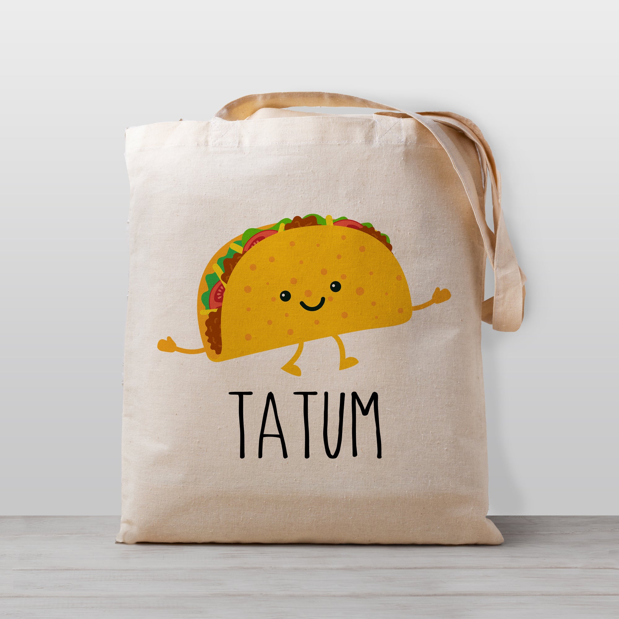 Cute Taco Breakfast tote bag, personalized with your child's name. 100% cotton canvas, great for daycare, preschool, kindergarten, or to use for library books