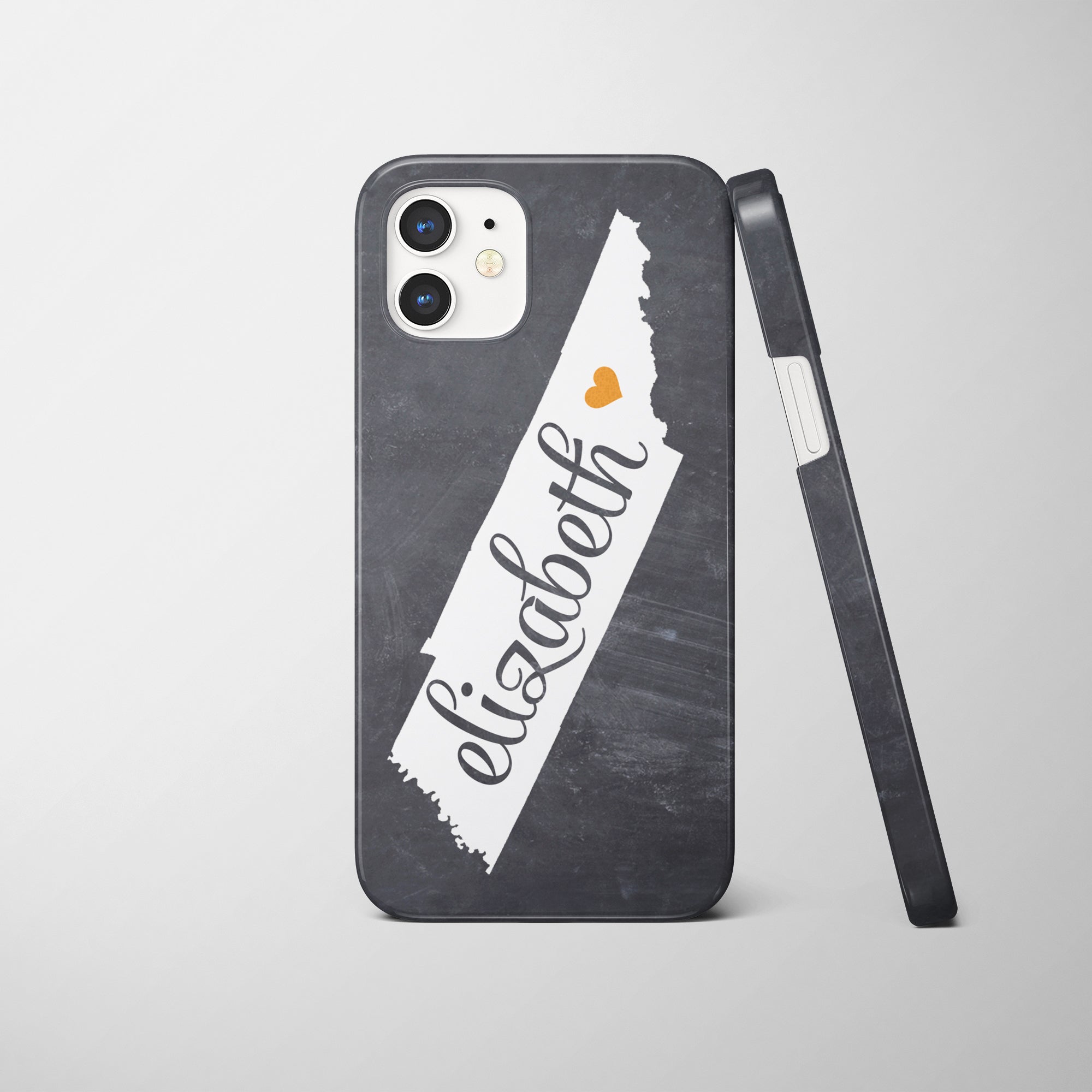 Tennessee iPhone case, personalized with a name and the heart over the city of your choice. City shown in sample is Knoxville, TN