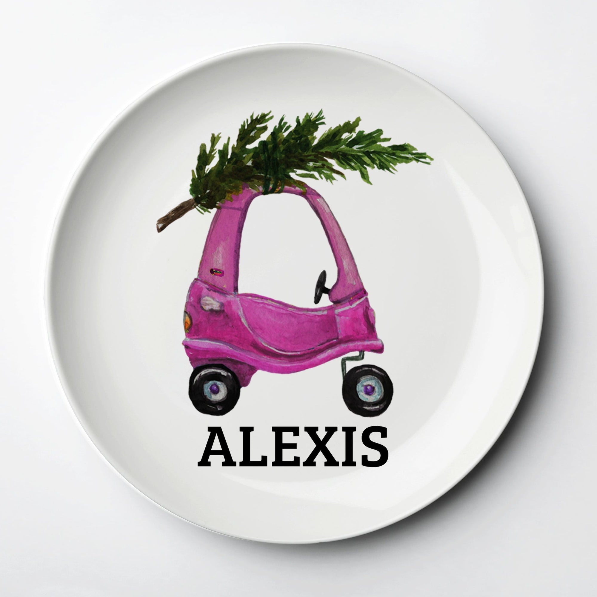 Toy Car Christmas Plate, Personalized Pink, will last for years, keepsake gift, dishwasher and microwave safe