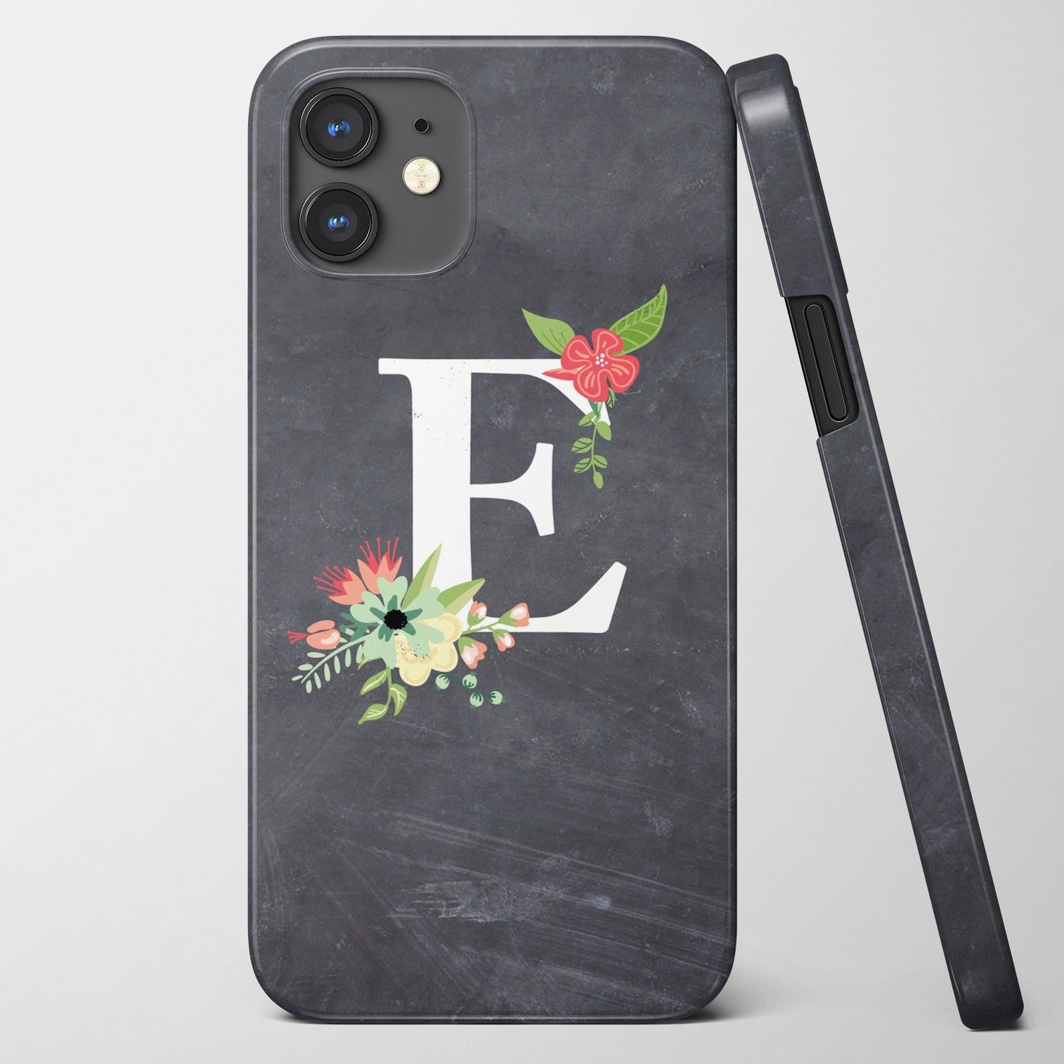Premium iPhone case with a floral initial on a chalkboard-look case