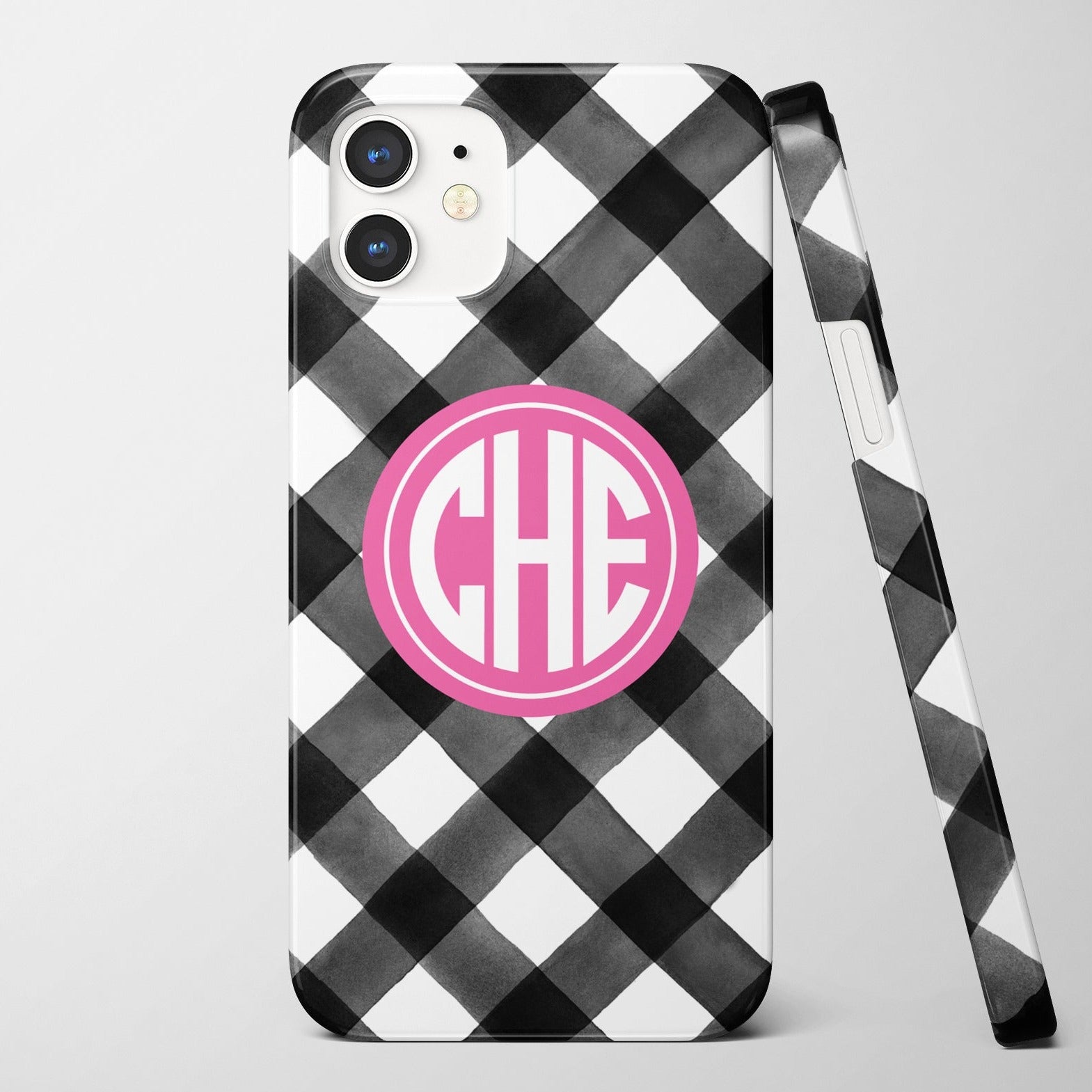 black gingham iphone case with a hot pink monogrm
