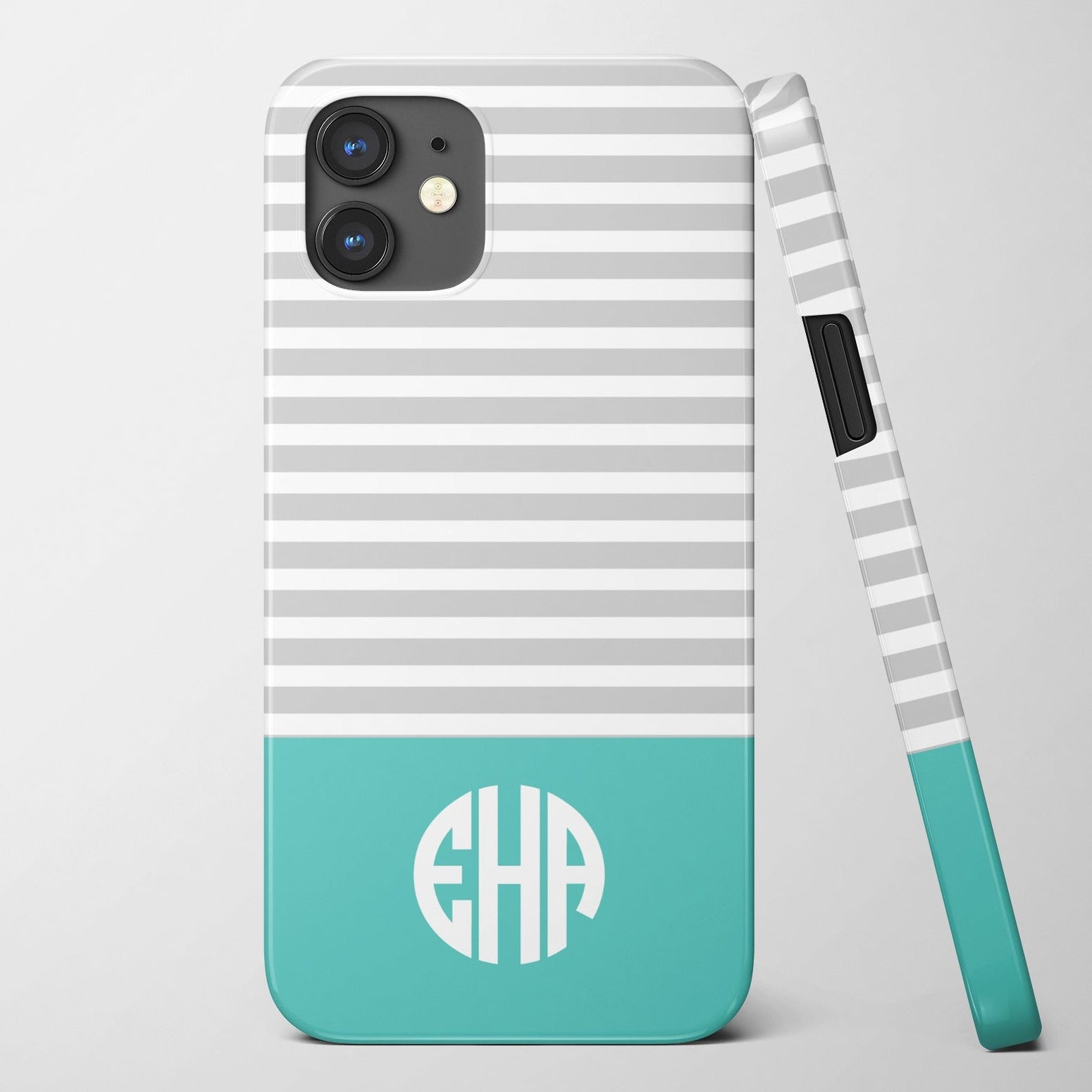 iPhone 15 case with a monogram , skinny stripes, and a color block. Choose any color combination, prior models also available