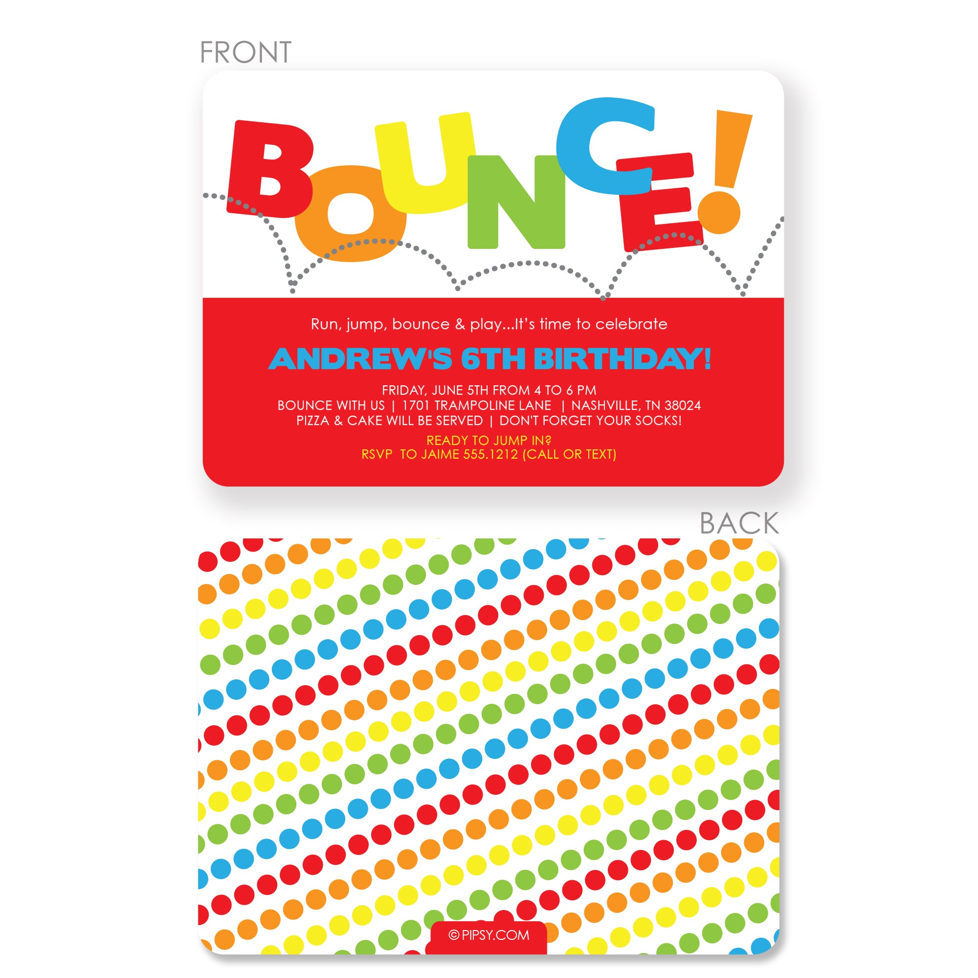 Bounce Birthday party invitation, printed on thick carstock, two sided printing with envelopes included, great for all ages