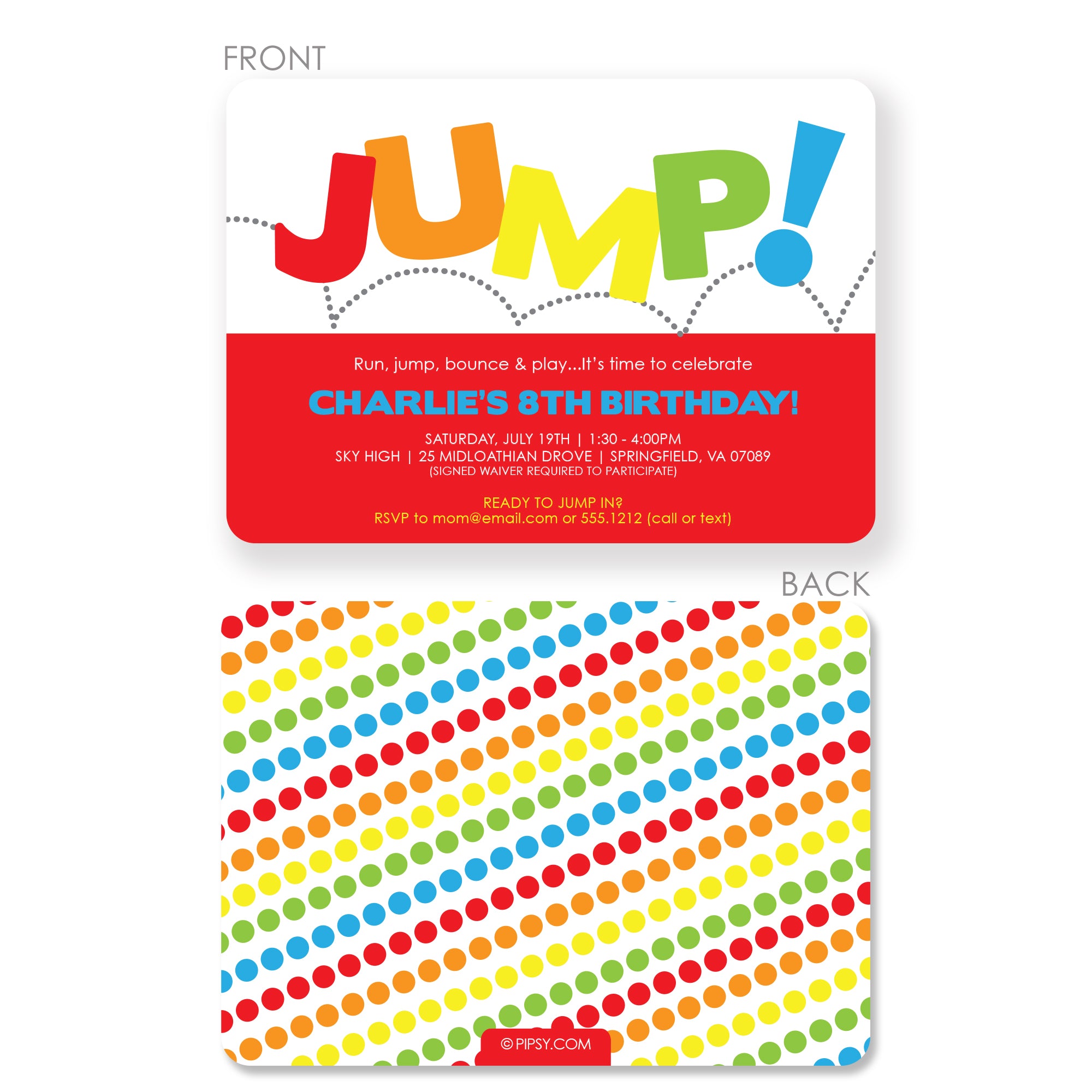 Jump birthday invitation in primary colors, great for all ages, printed on thick cardstock, 2 sided printing and envelopes included