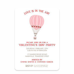 Valentine's Day Party Invitation, Love is in the air hot air balloon, Printed on premium heavy cardstock by Pipsy.com, front