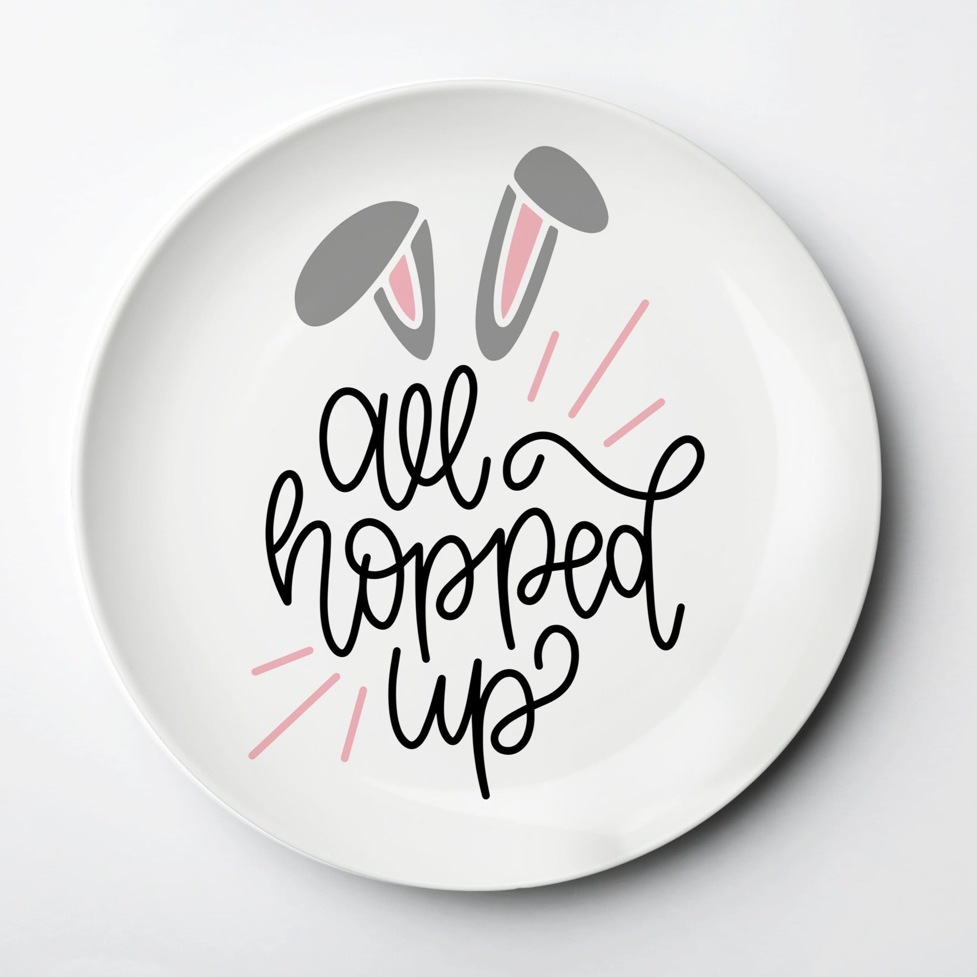 "All Hopped Up" Easter plate with bunny ears and pink accents