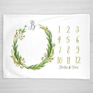 Arched Olive wreath Milestone Baby Blanket, Personalized with initial