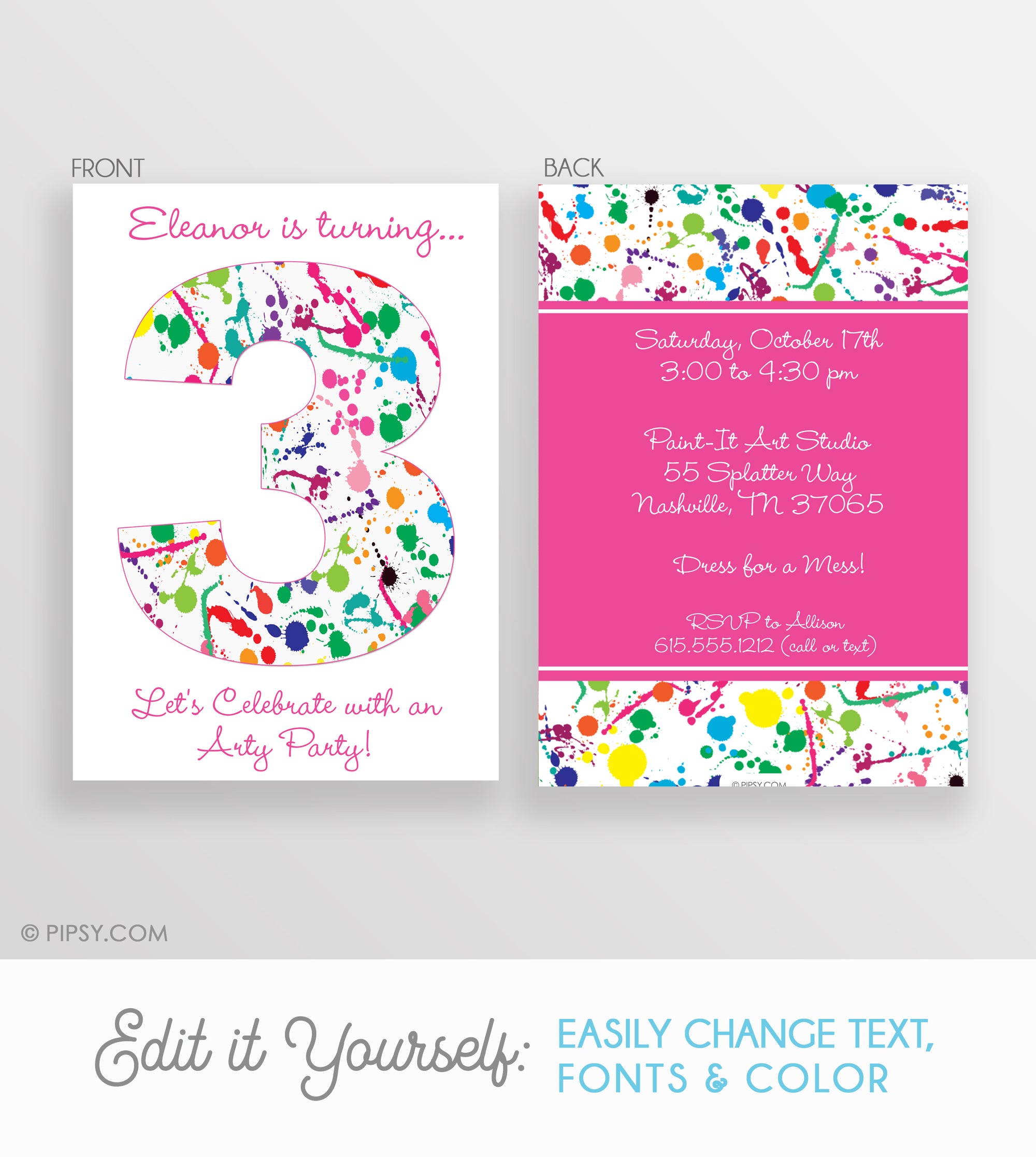 Art Paint Splatter Birthday Invitation (DIY Printable), Pink