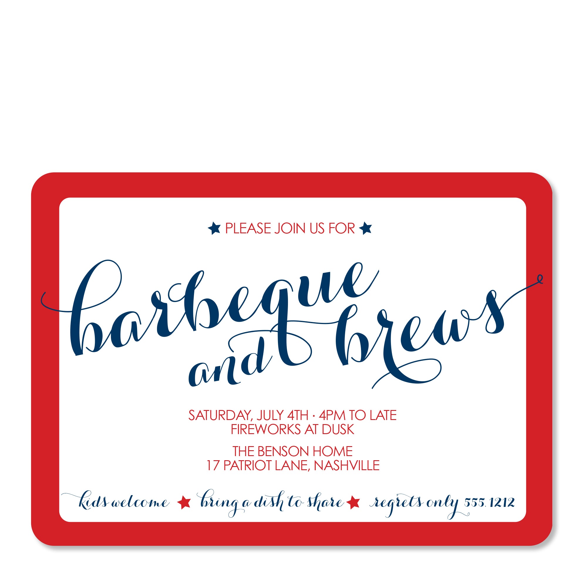 4TH OF JULY INVITATION, BARBECUE AND BREWS, RED WHITE AND BLUE, PIPSY.COM, front
