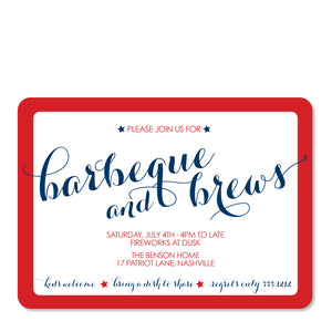 4TH OF JULY INVITATION, BARBECUE AND BREWS, RED WHITE AND BLUE, PIPSY.COM, front