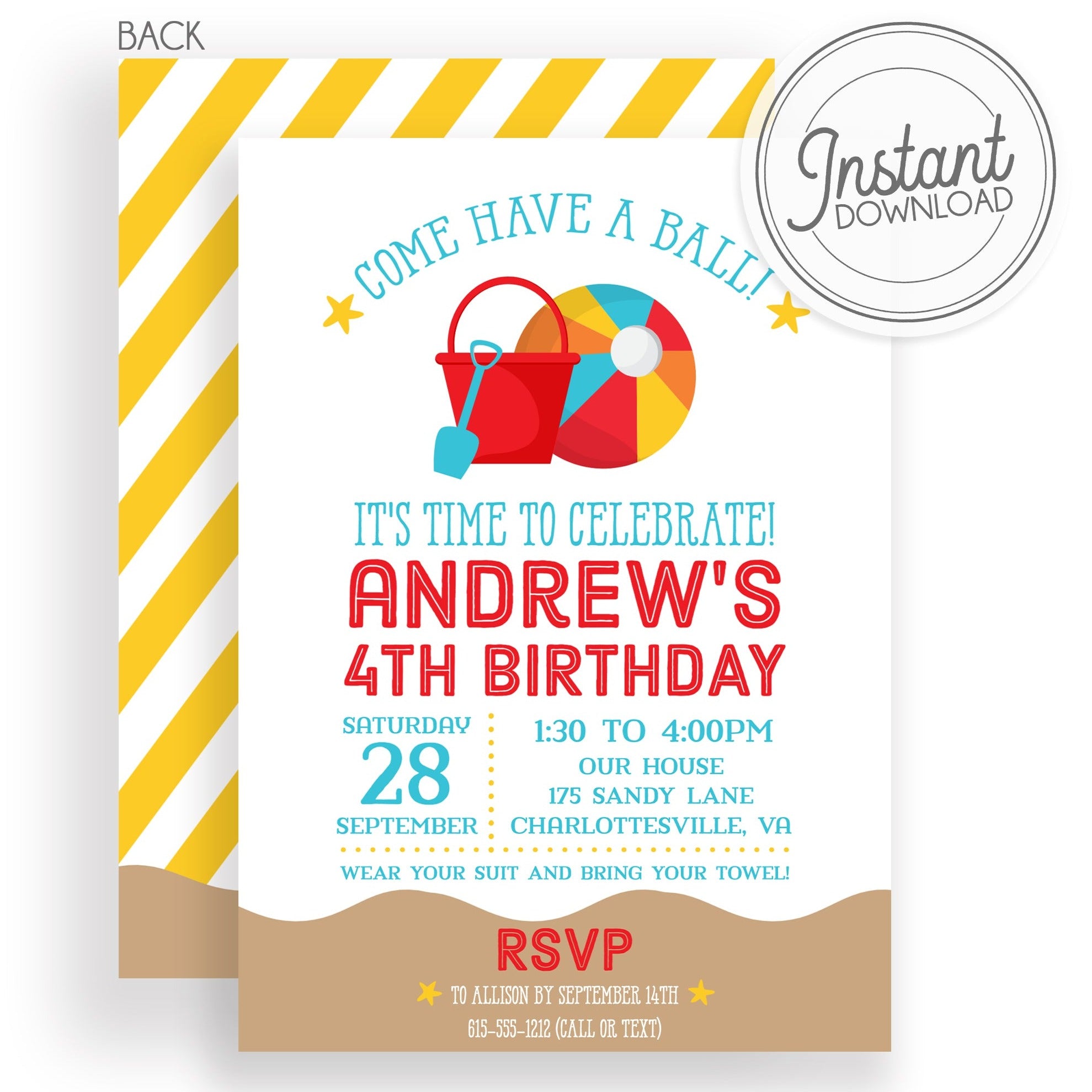 Beach Ball Birthday Invitation, DIY easy download and edit on your computer, fully change the colors and layout if needed, templett.com