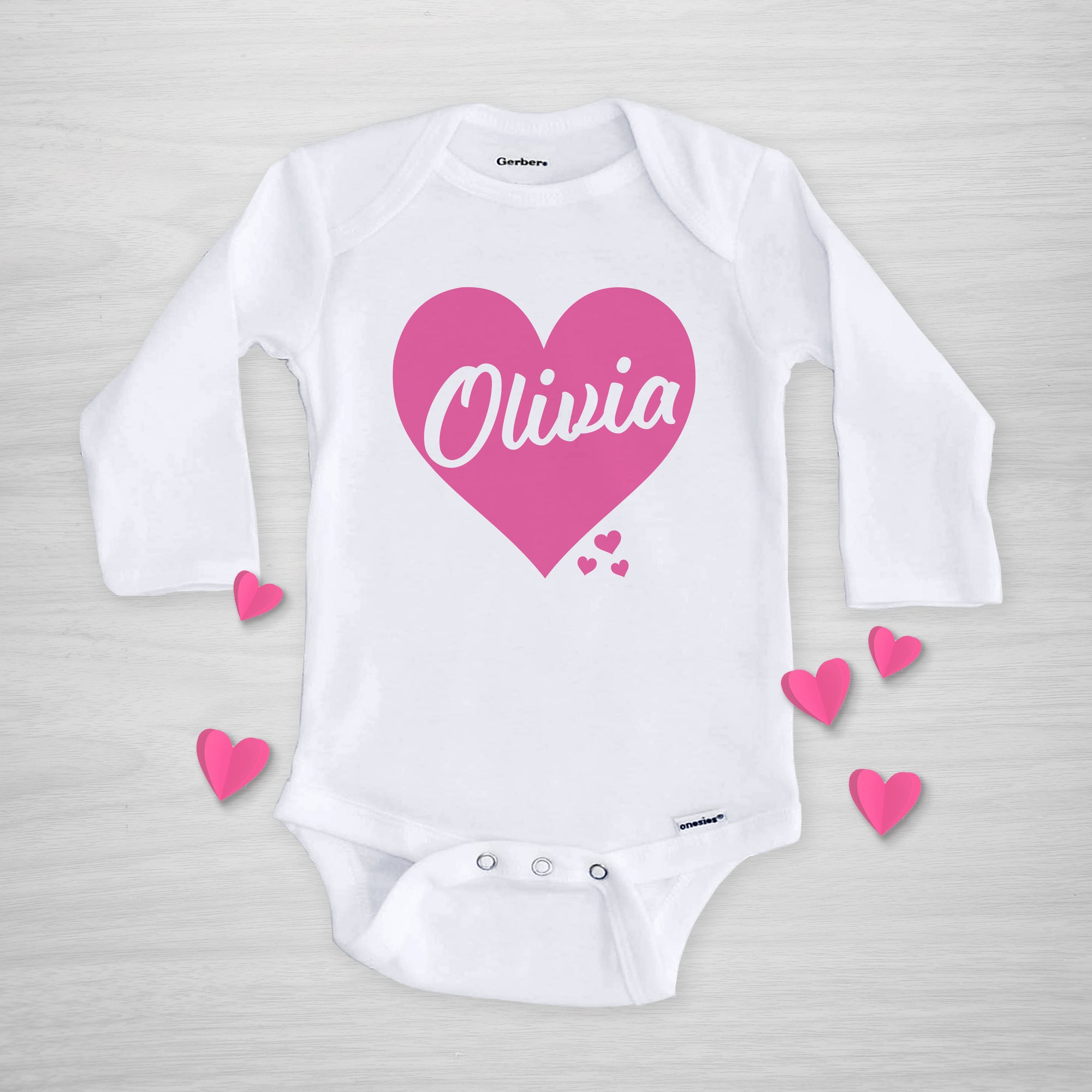 Pink Heart Valentine's Day Personalized Gerber Onesie, long sleeved, pipsy.com