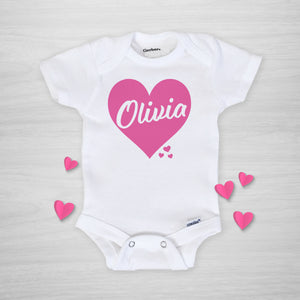 Pink Heart Valentine's Day Personalized Gerber Onesie, short sleeved, pipsy.com