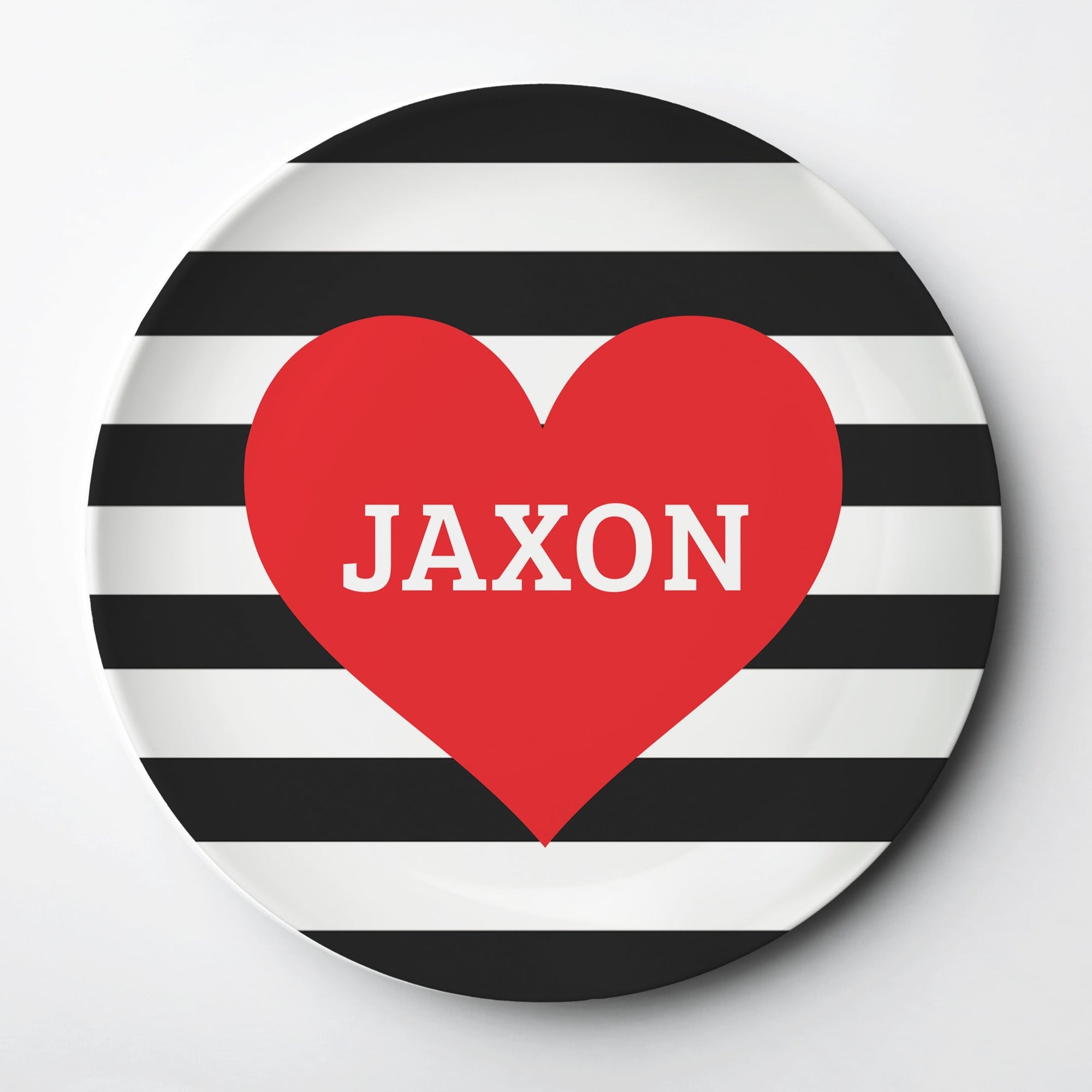 Valentine's Day bold black and white stripe ThermoSāf® kids reusable plate, microwave, dishwasher and oven safe.  Made in the USA, Pipsy.com
