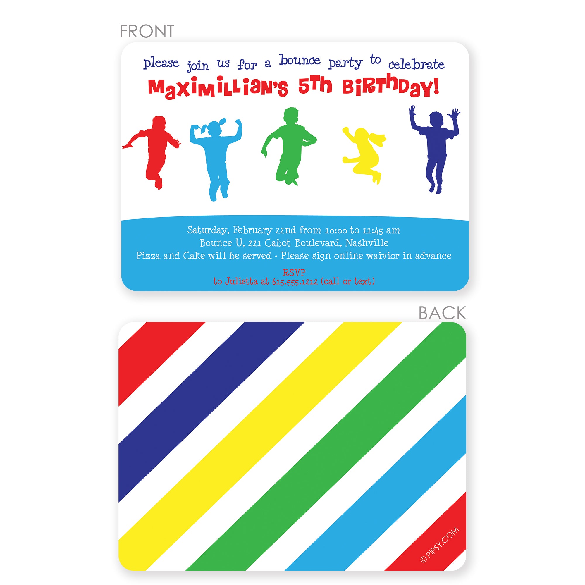 Bounce Birthday Party Invitation, printed on thick cardstock with 2-sided printing, envelopes included