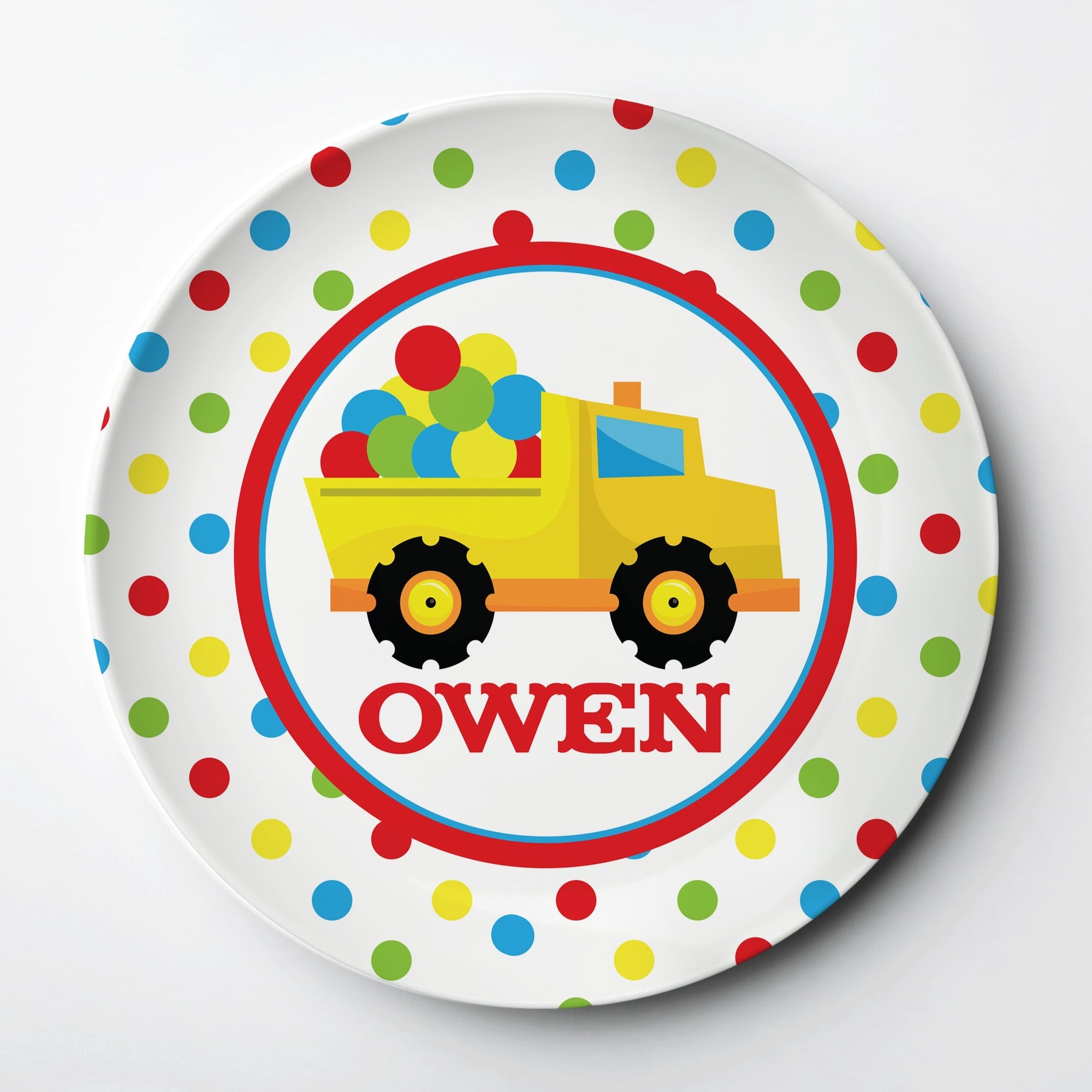 Personalized Plate with dump truck with a bed of colorful gum balls, ThermoSāf® kids reusable plate, microwave, dishwasher and oven safe.  Made in the USA, Pipsy.com
