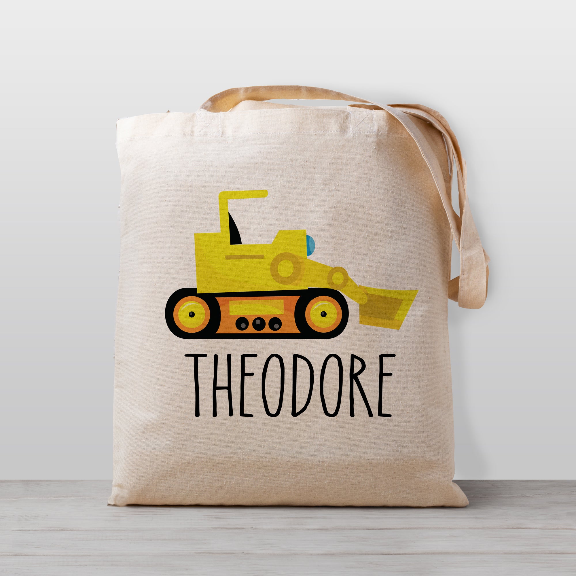 Bulldozer kids personalized tote bag, excavator for construction, 100% natural cotton canvas