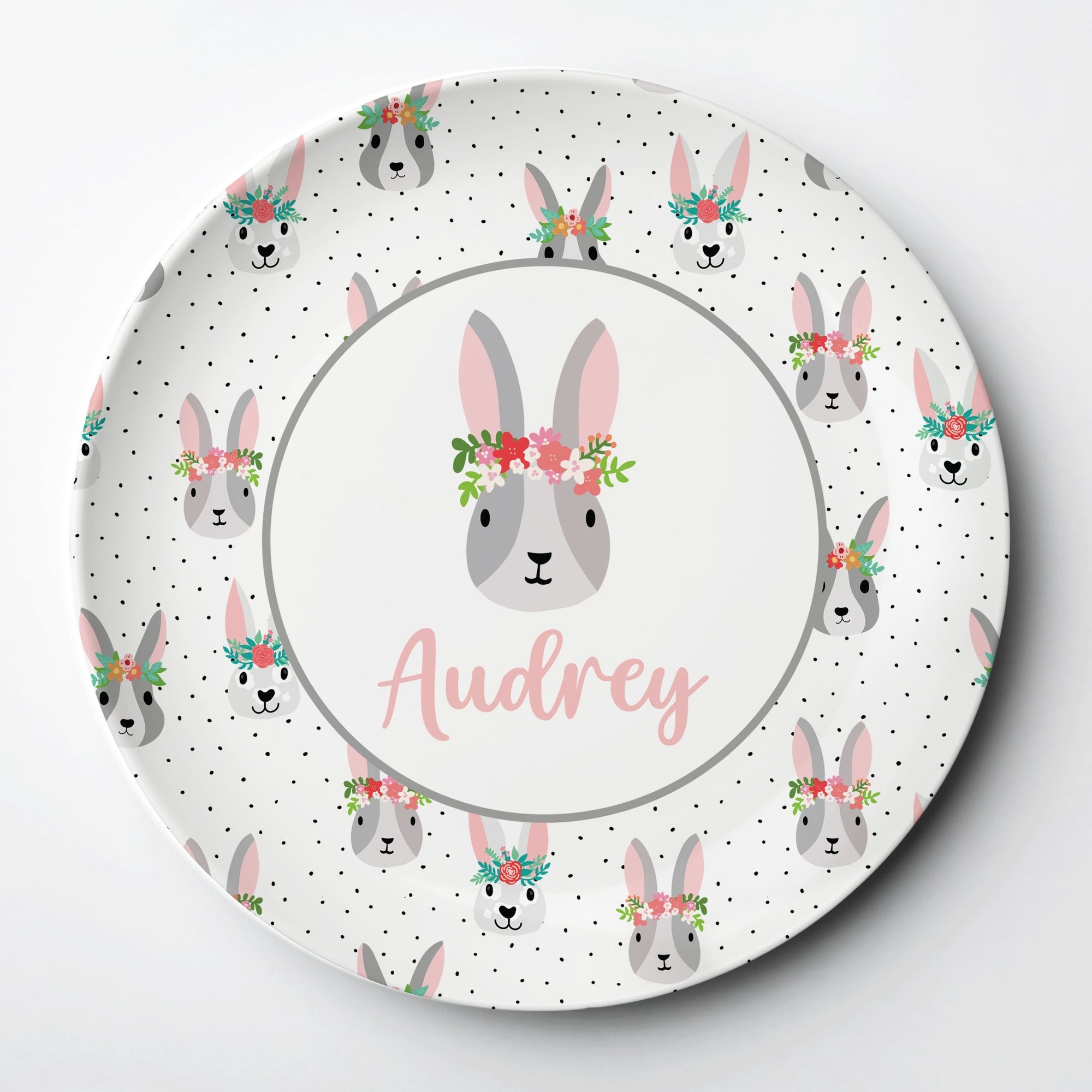 Personalized Easter Plate with a bunny pattern and a sweet Easter Bunny with a floral headband