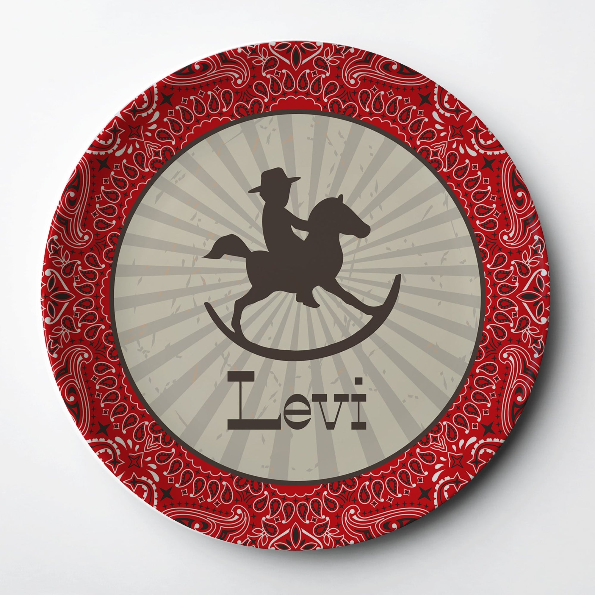 Personalized Plate, Rocking Horse Cowboy with a Western Bandana Pattern
