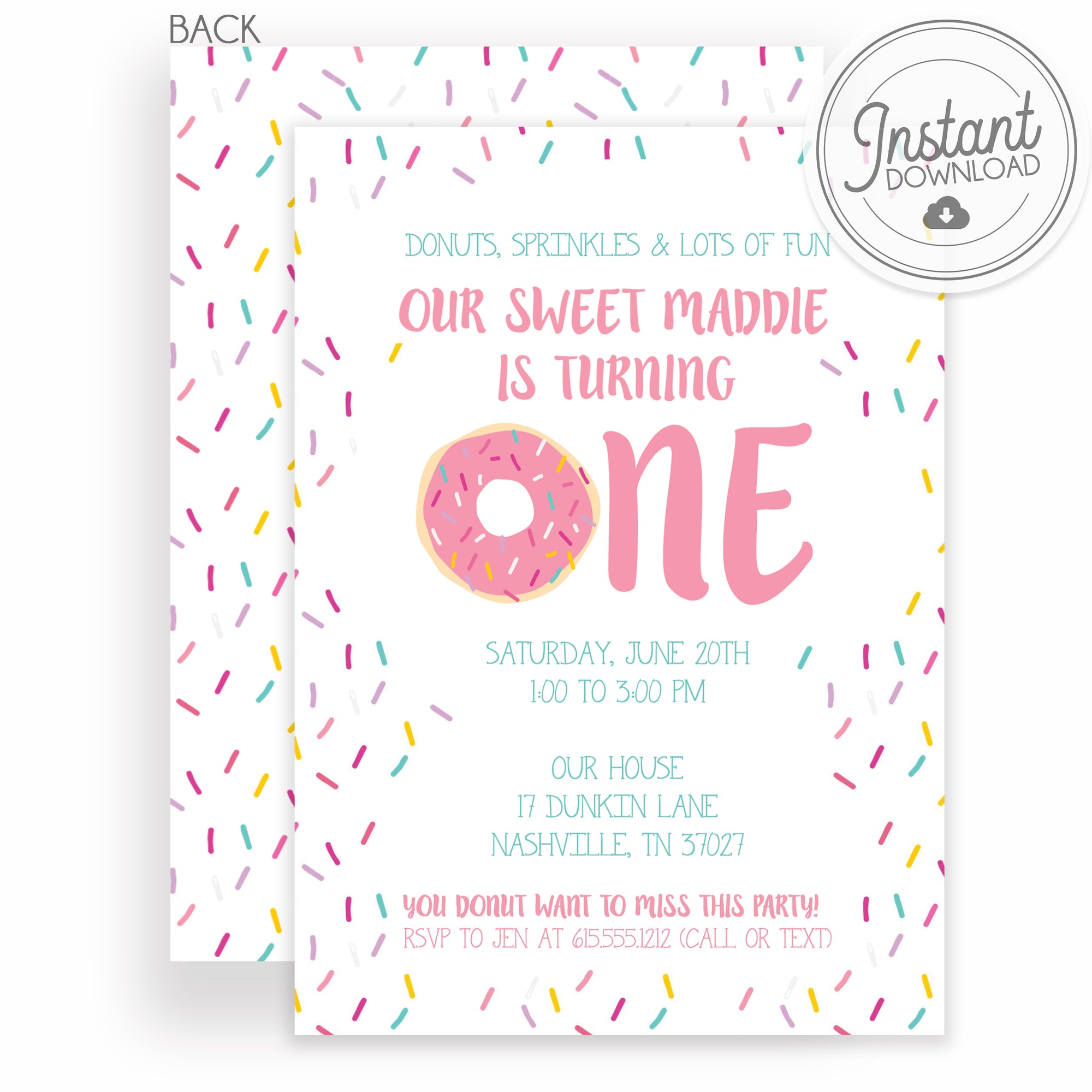 ONE donut first birthday invitation with pink sprinkles | PIPSY.COM