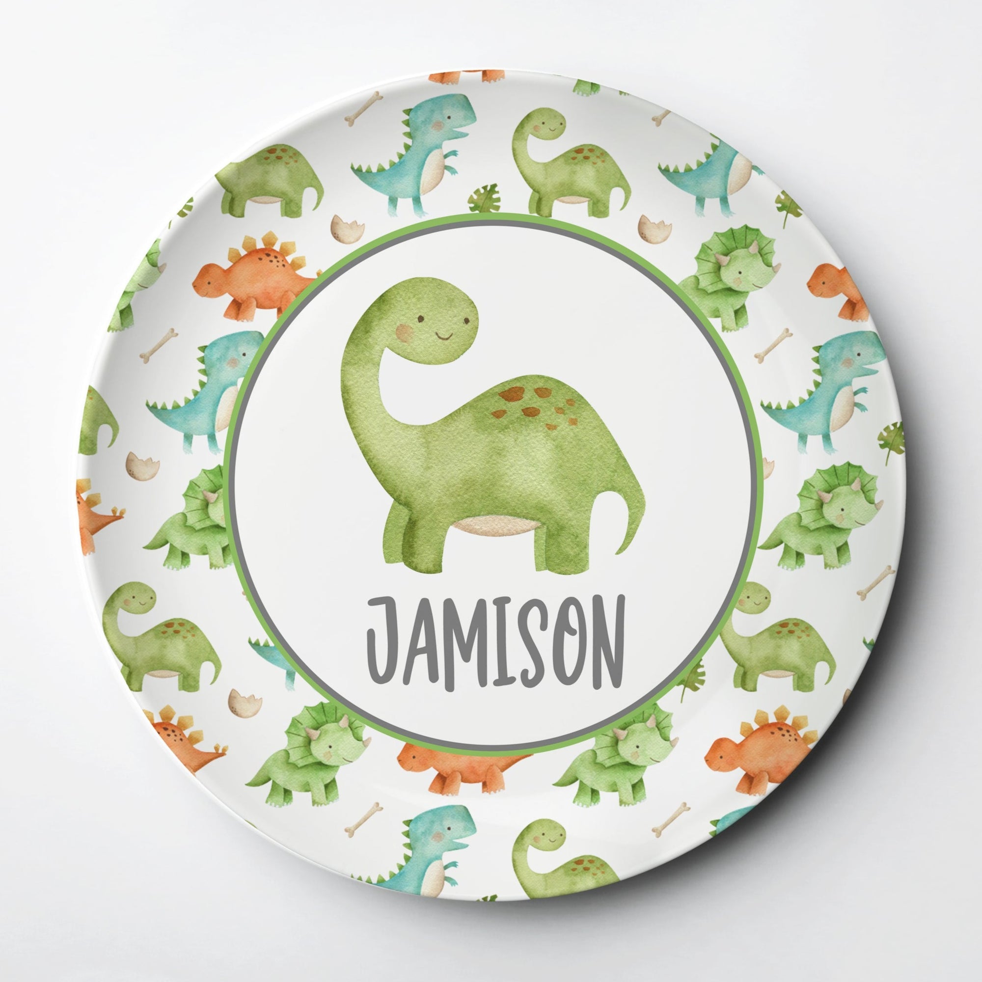 Dinosaur personalized kid plate Brontosaurus - 10" diameter, made from ThermoSāf® · Microwave, oven and dishwasher safe (any rack) · BPA, melamine and formaldehyde free · FDA food safe & made in the USA, Pipsy.com