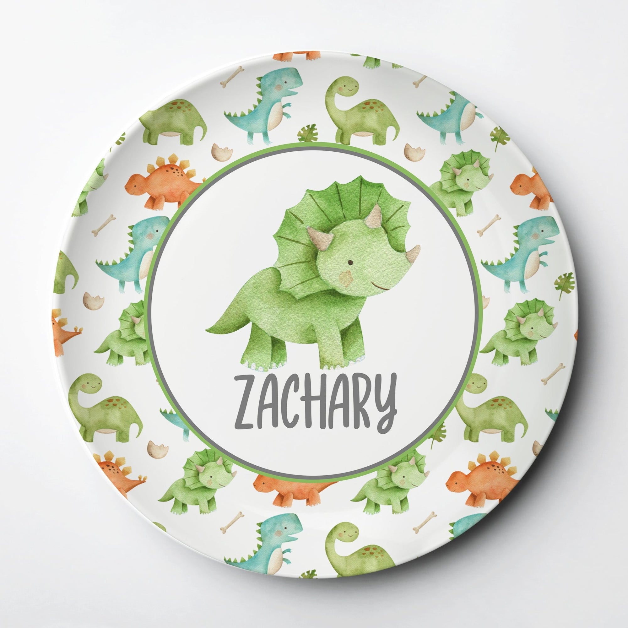 Dinosaur personalized kid plate Triceratops - 10" diameter, made from ThermoSāf® · Microwave, oven and dishwasher safe (any rack) · BPA, melamine and formaldehyde free · FDA food safe & made in the USA, Pipsy.com