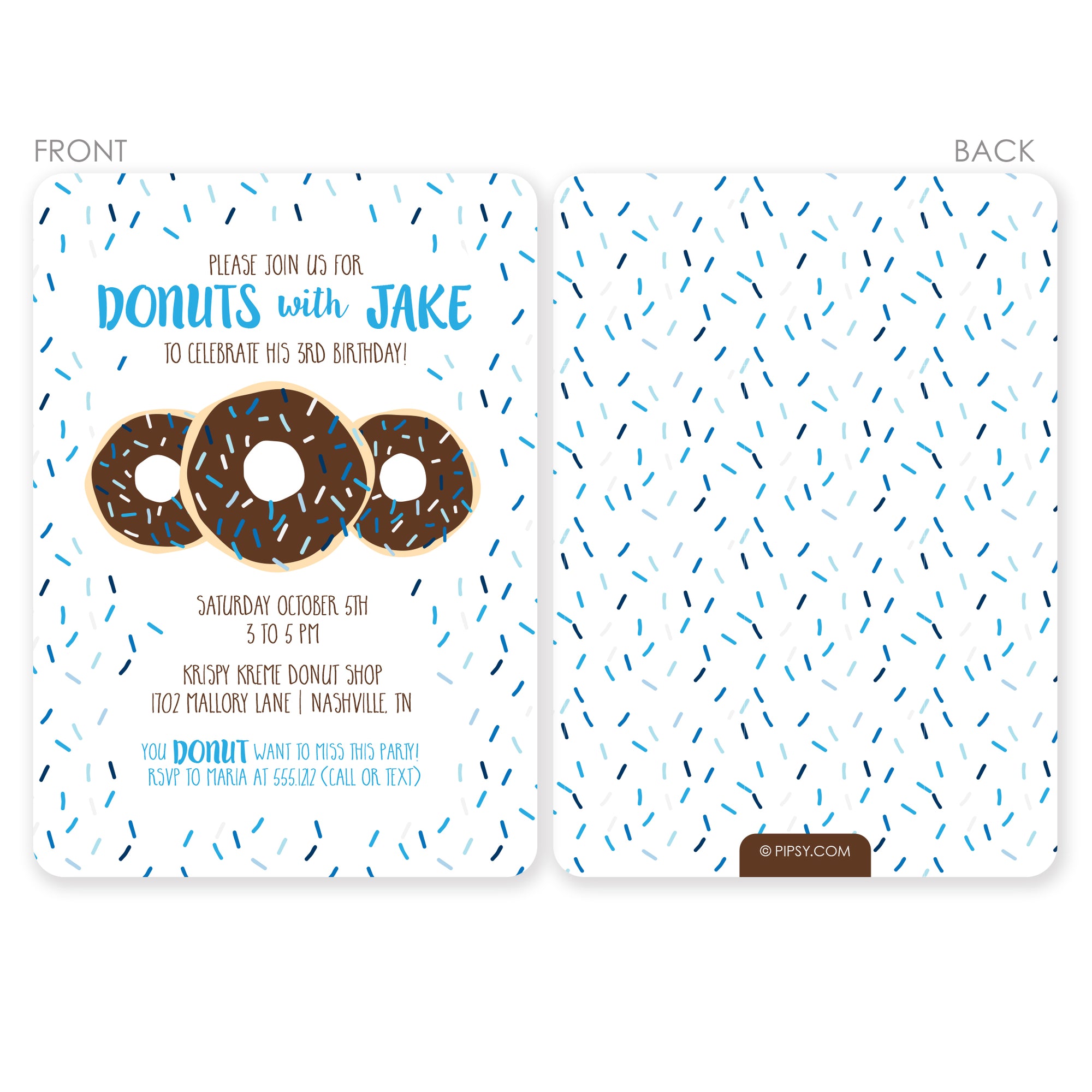 Donut Birthday Party invitation with chocolate donuts and blue sprinkles, printed on thick cardstock with 2 sided printing, includes envelopes