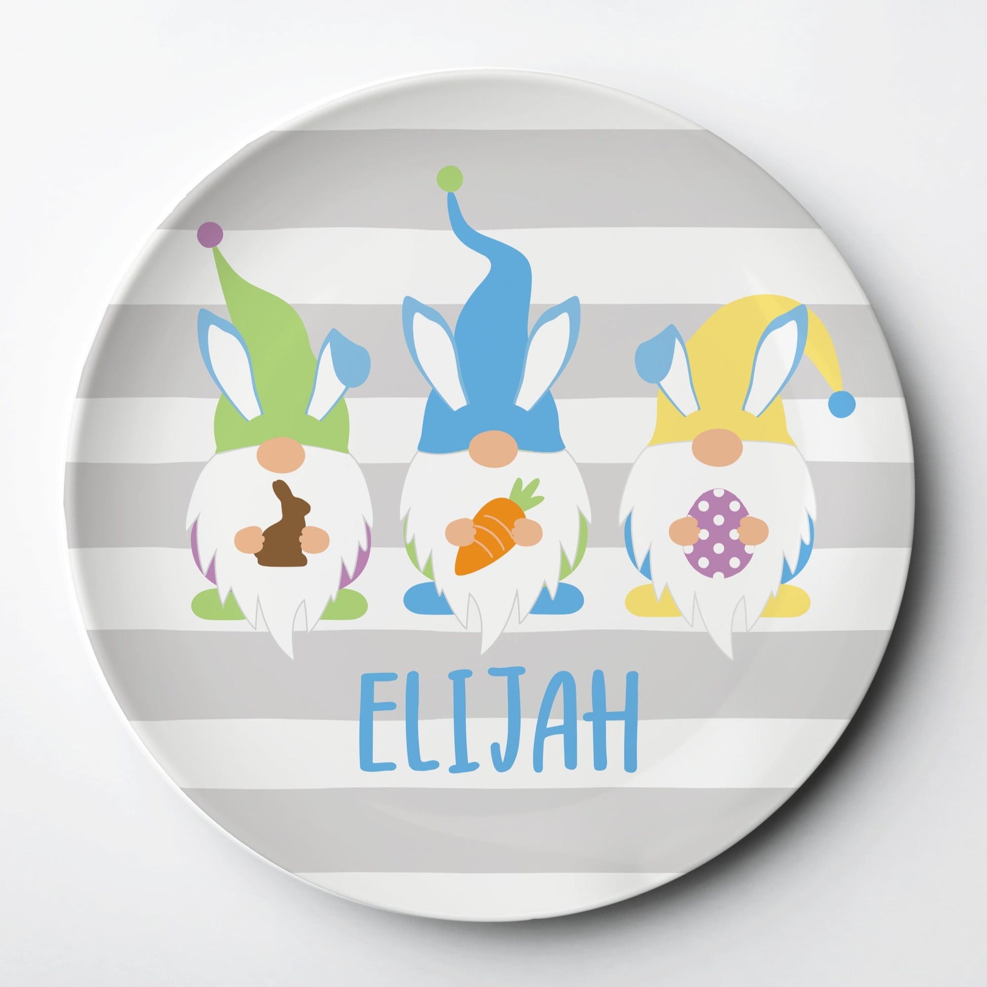 Easter Plate, personalized with three gnomes in rabbit ears holding their hunt treats. Thick polymer plate that lasts for years