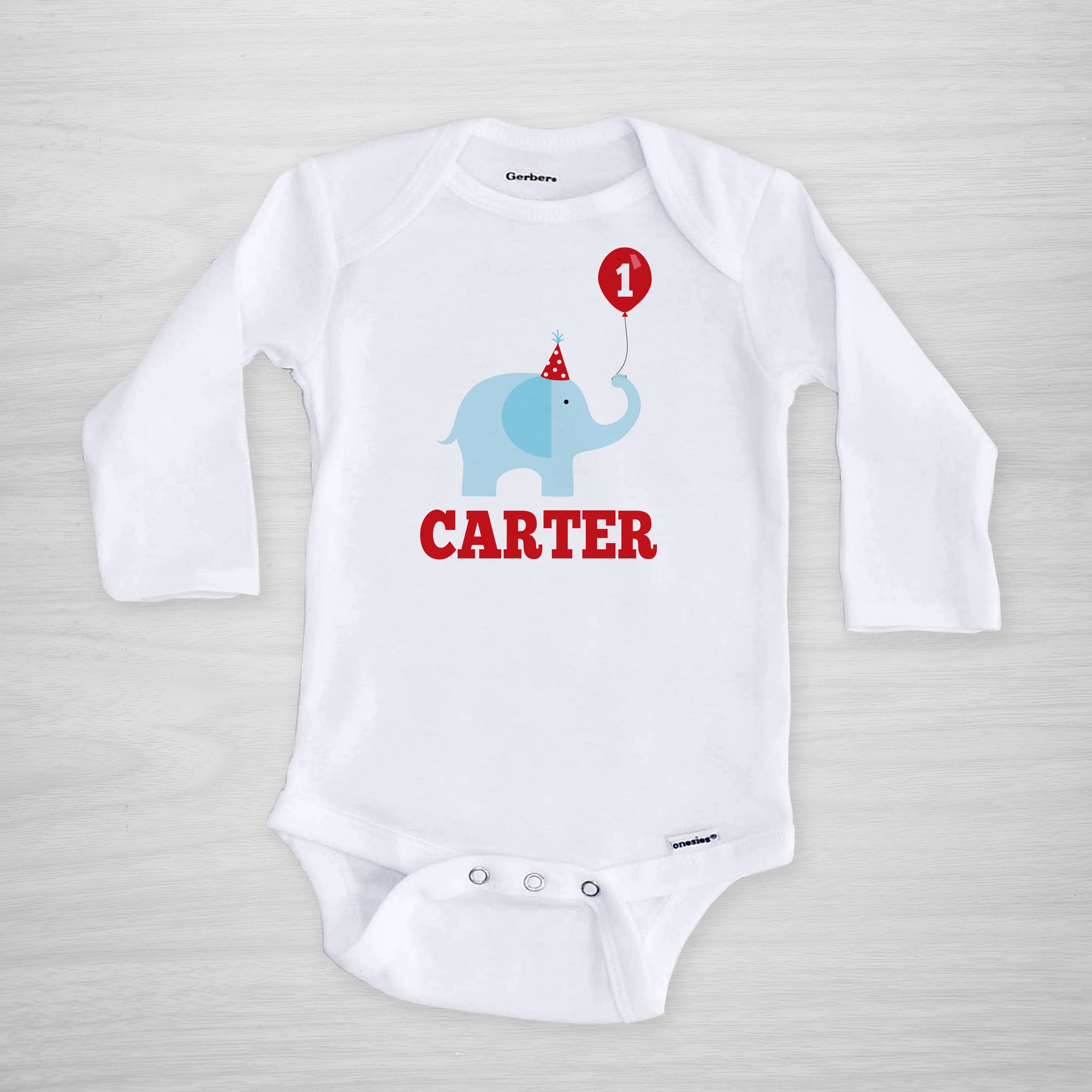 First Birthday Personalized Gerber Onesie, elephant with party hat balloon, short sleeved, Pipsy.com