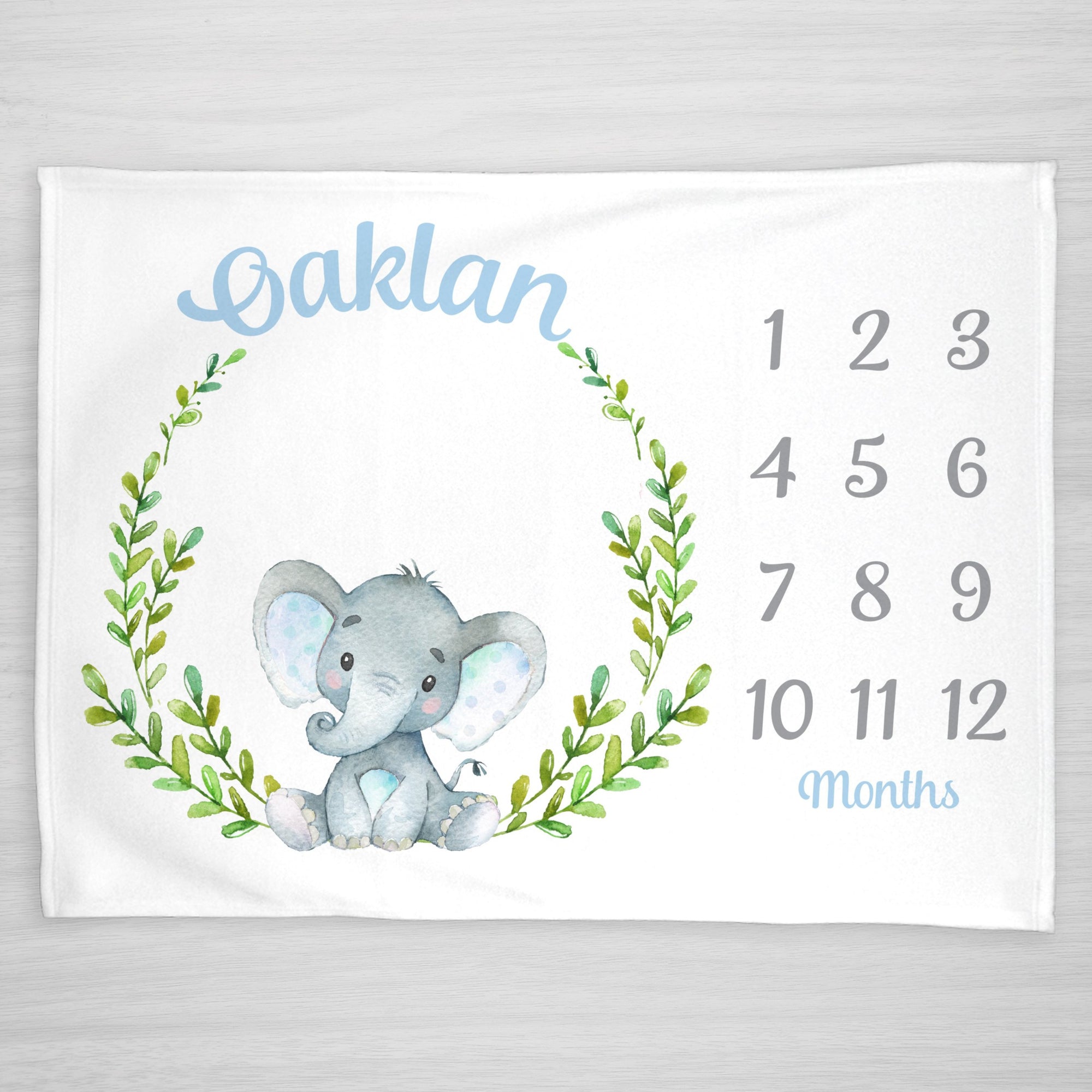 Elephant Milestone Blanket, Personalized, with a cute watercolor elephant in a green wreath