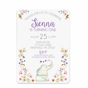 Floral Elephant First Birthday Invitation, Premium Printed Cardstock, PIPSY.COM, front view