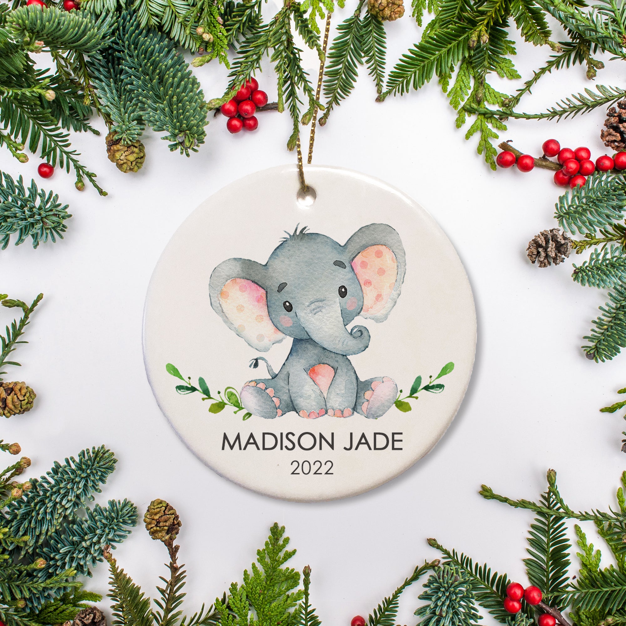 Watercolor elephant with pink polka dot ears - Personalized ornament